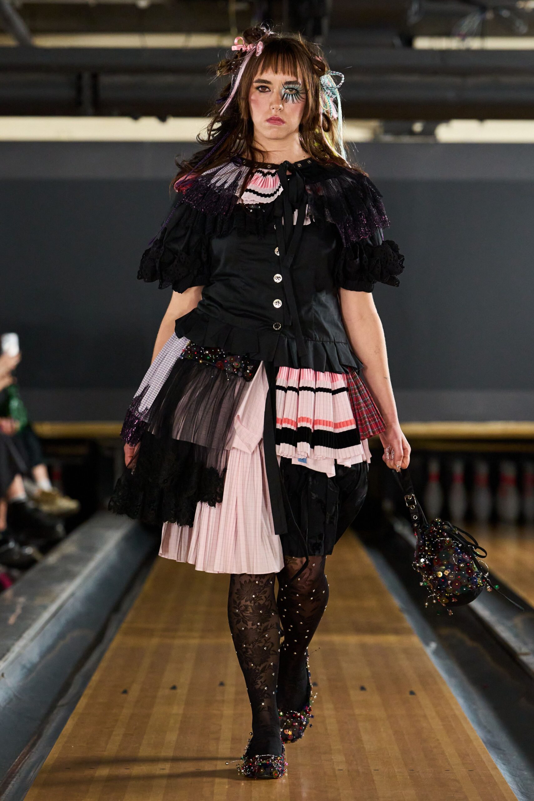 patchwork ruffled pinafore dress