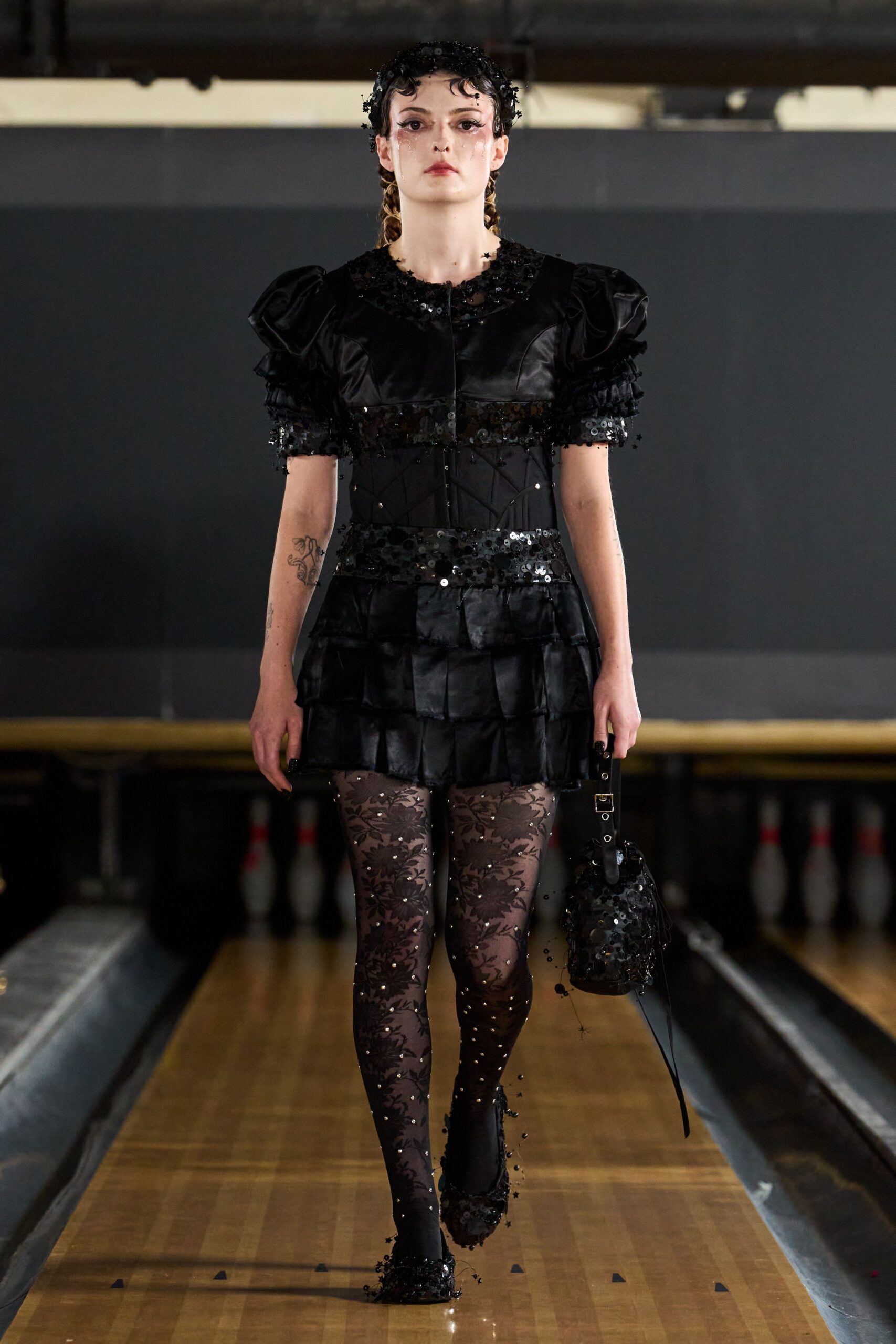black puff-sleeve sequined mini dress