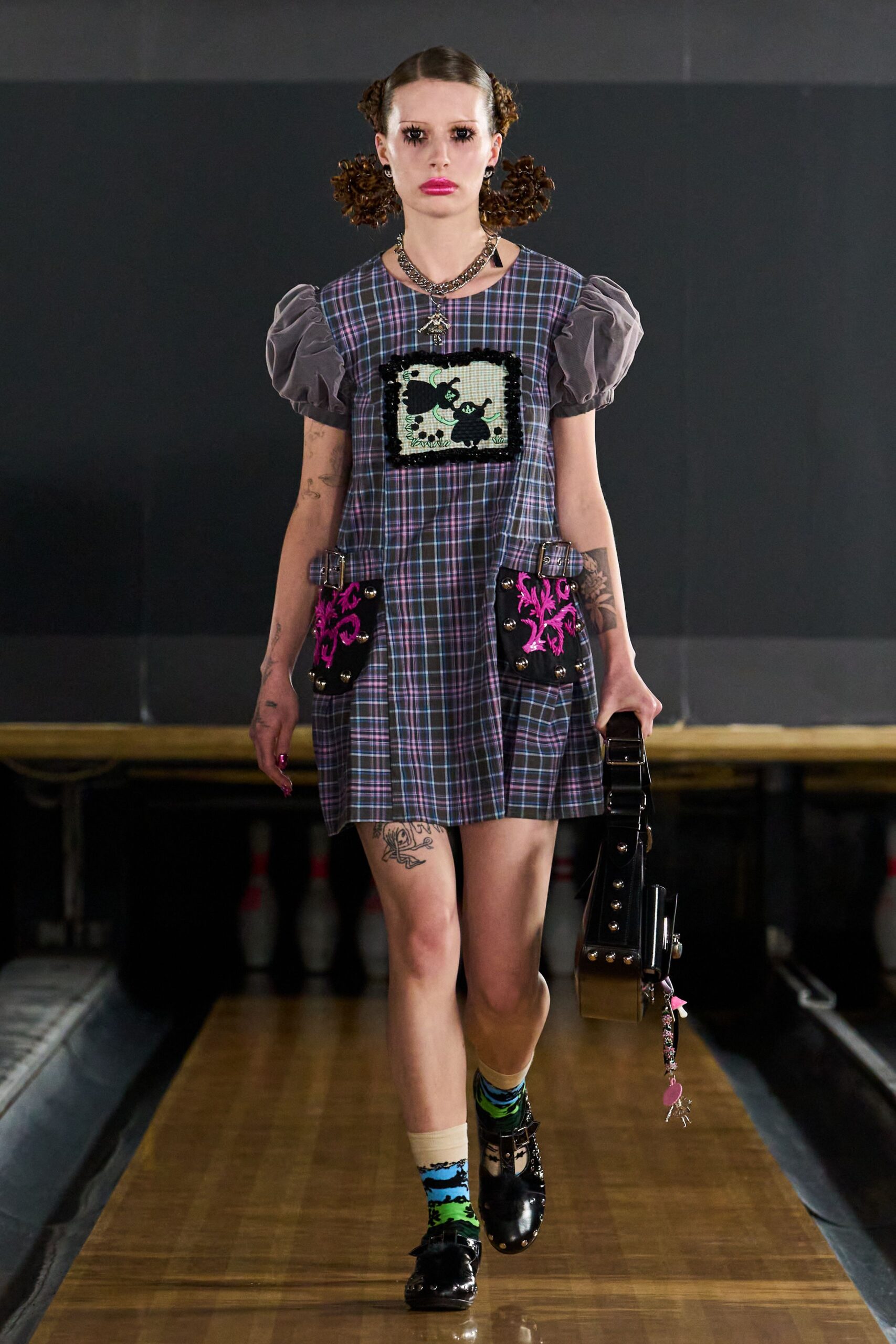 checked puff-sleeve mini dress
