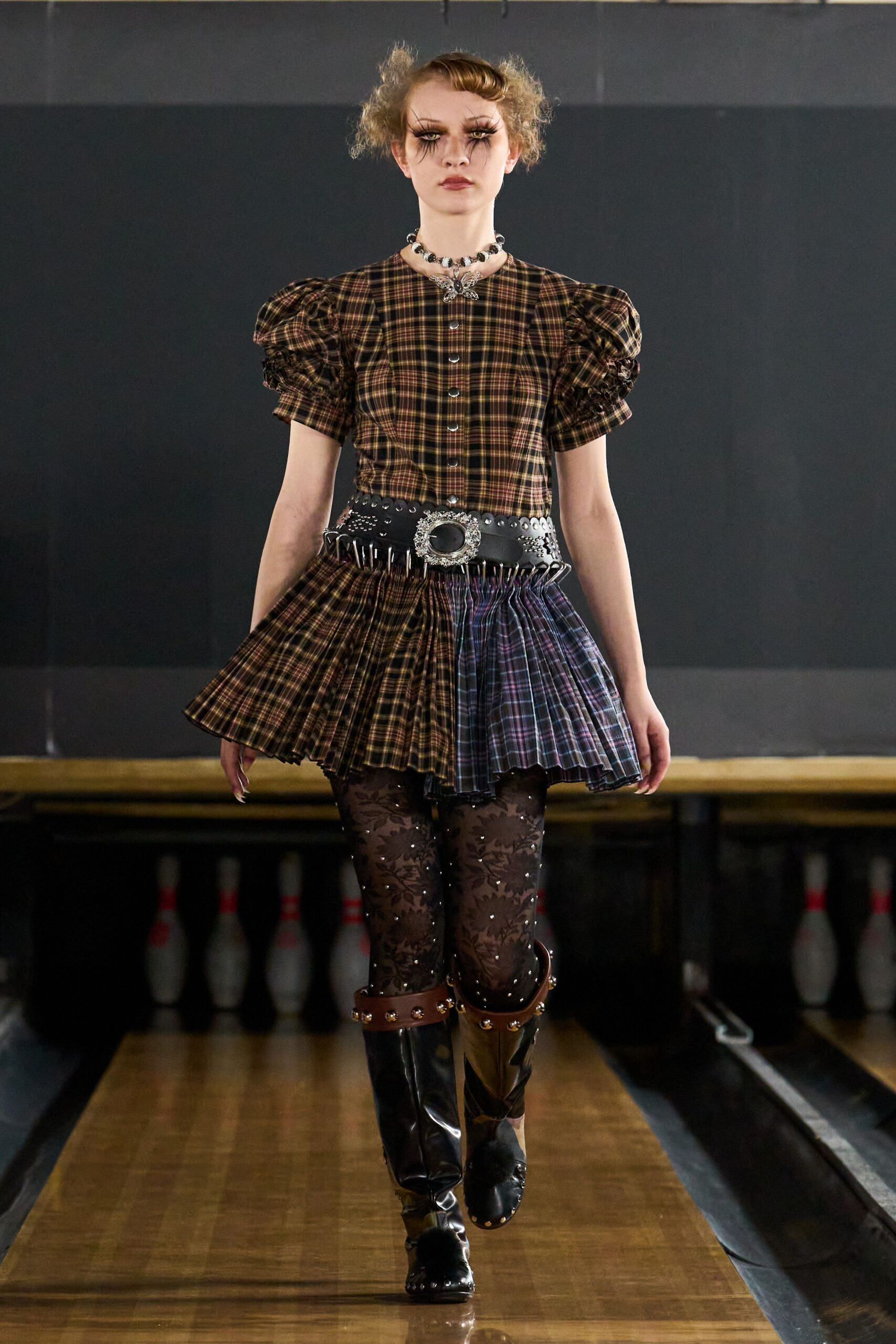 plaid puff-sleeve mini dress