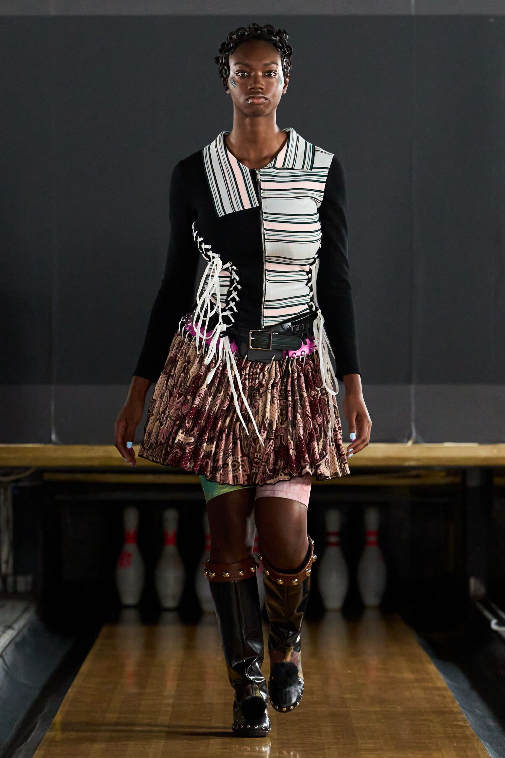 corset-laced striped zip-front jacket