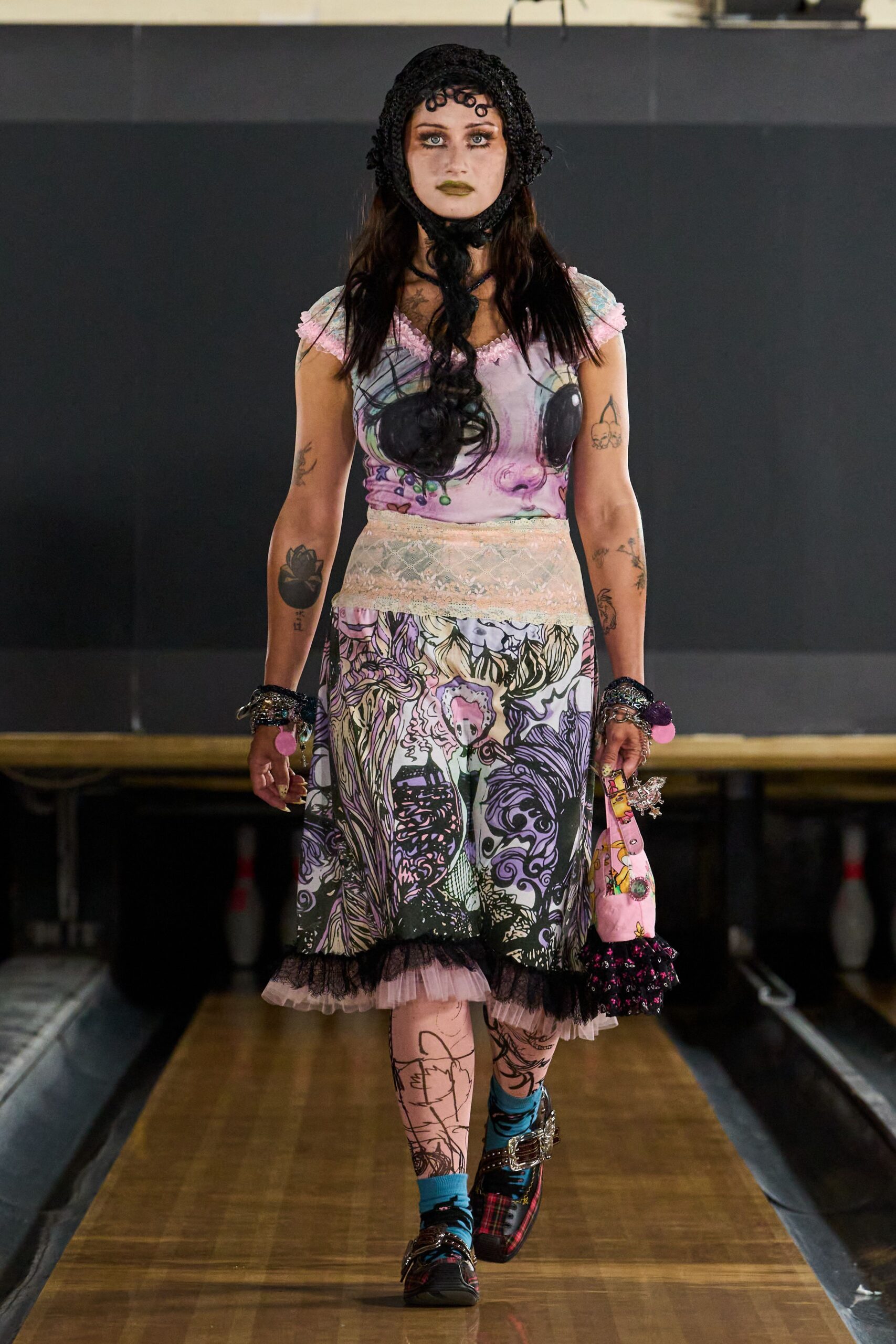 mixed-print ruffled midi dress
