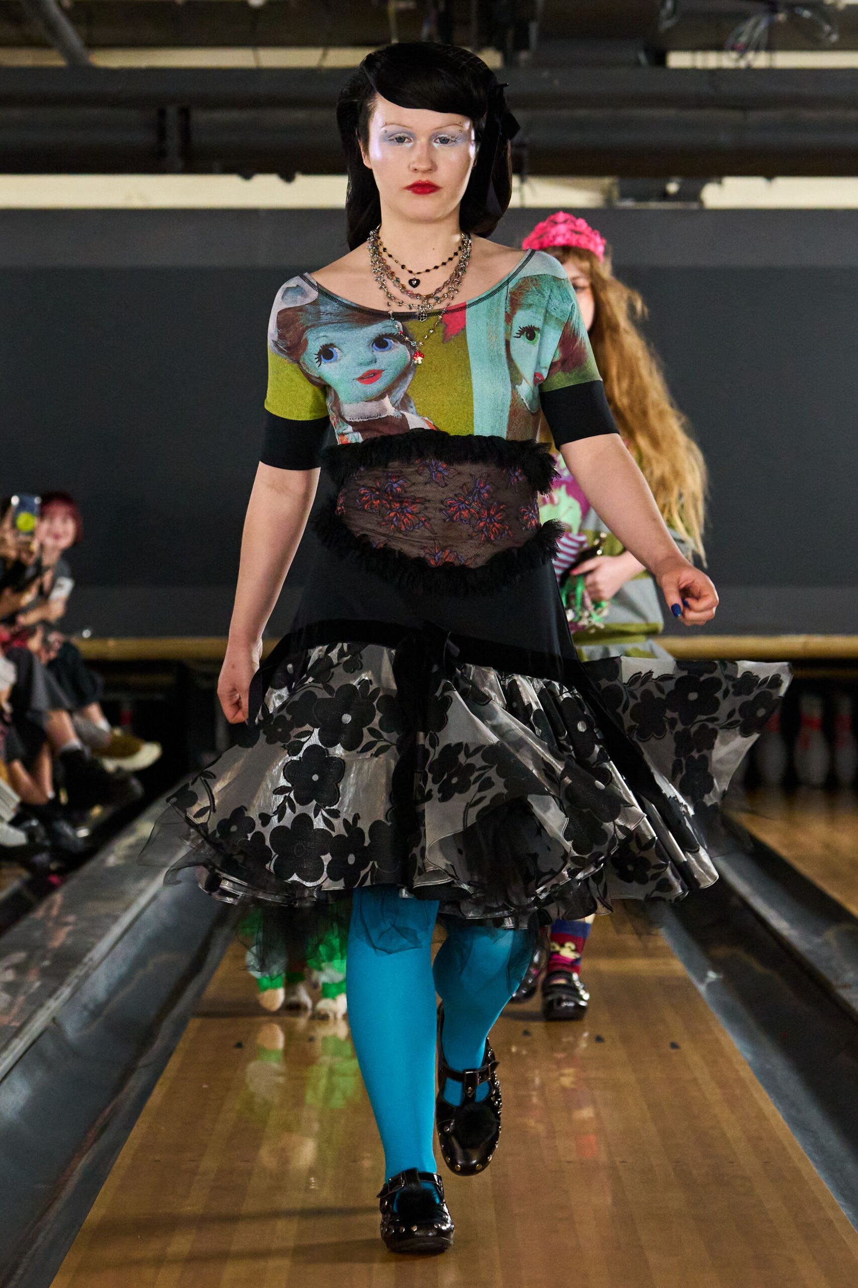 collage-print ruffled organza mini dress