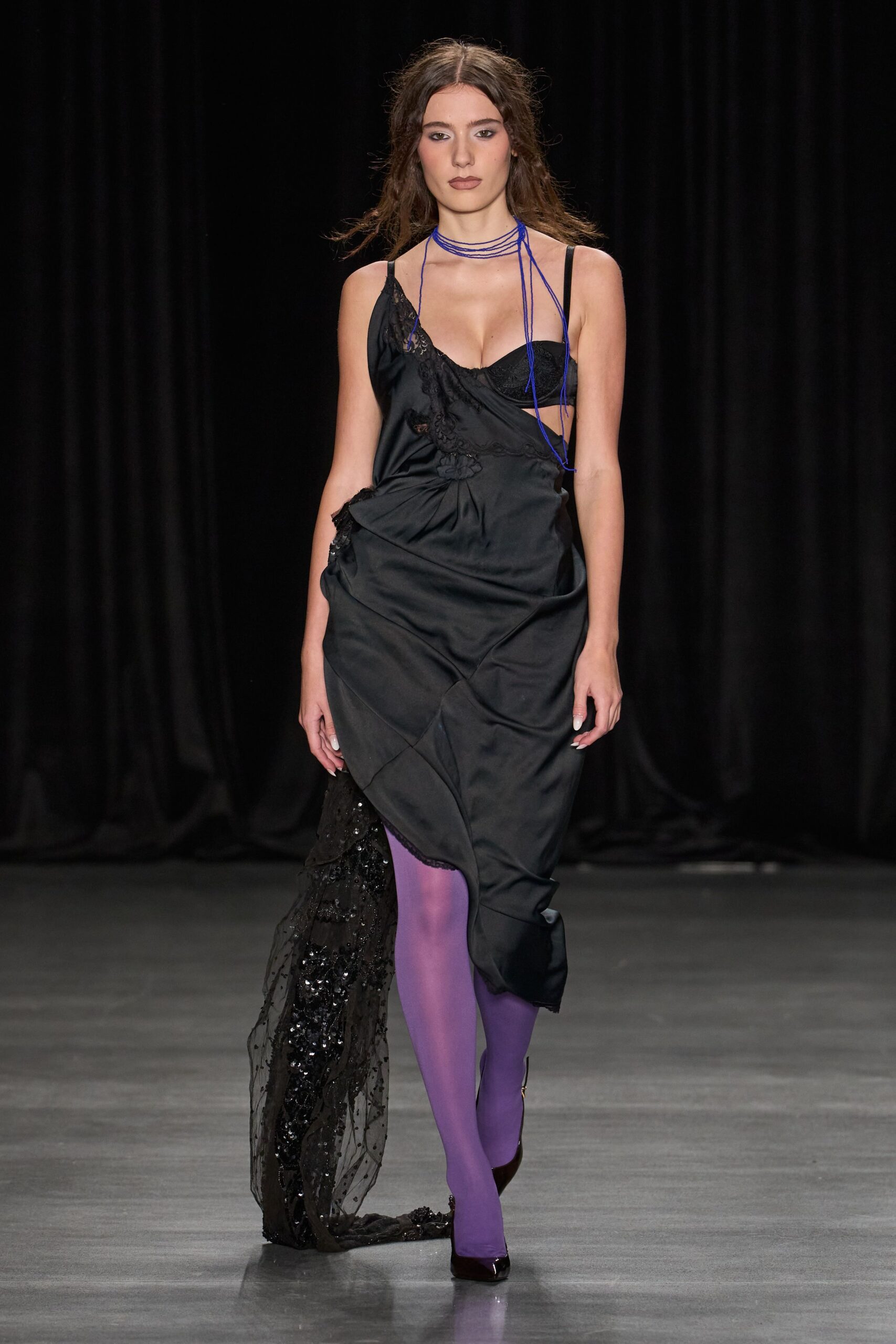 black draped slip dress with train