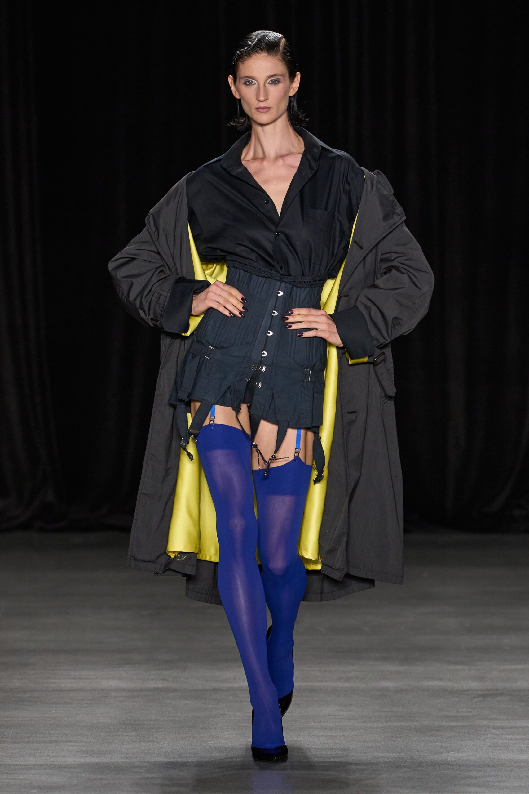 garter corset with blue stockings