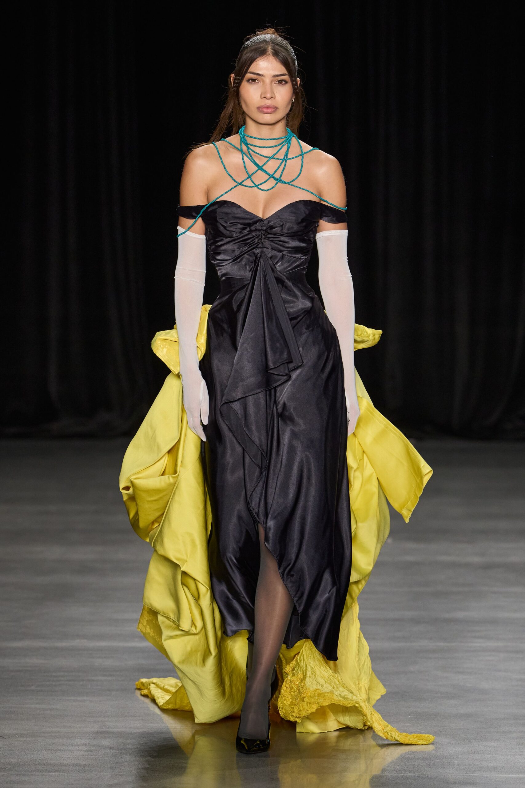 black ruched off-shoulder evening gown