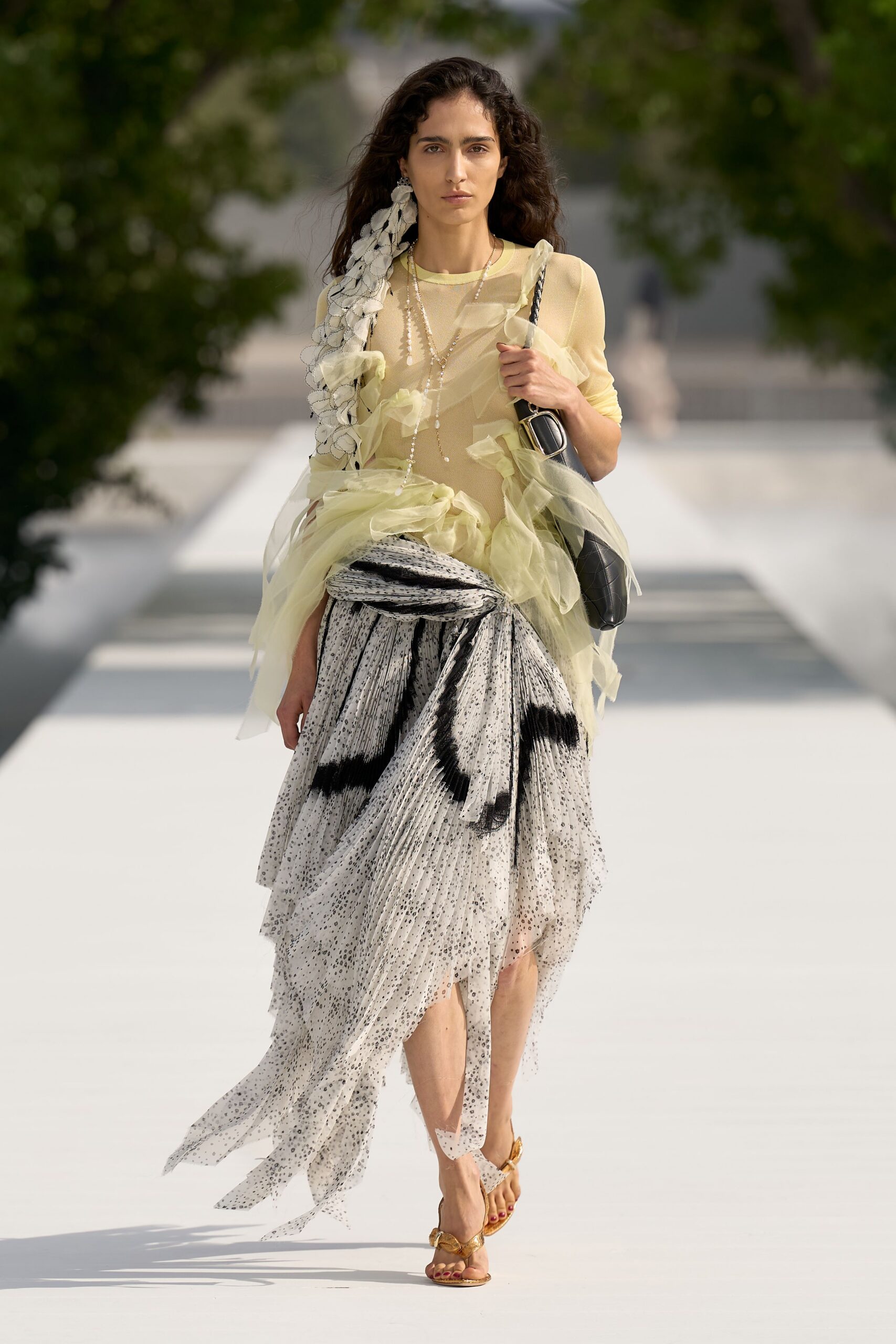 yellow mesh long-sleeve collared ruffled layered top