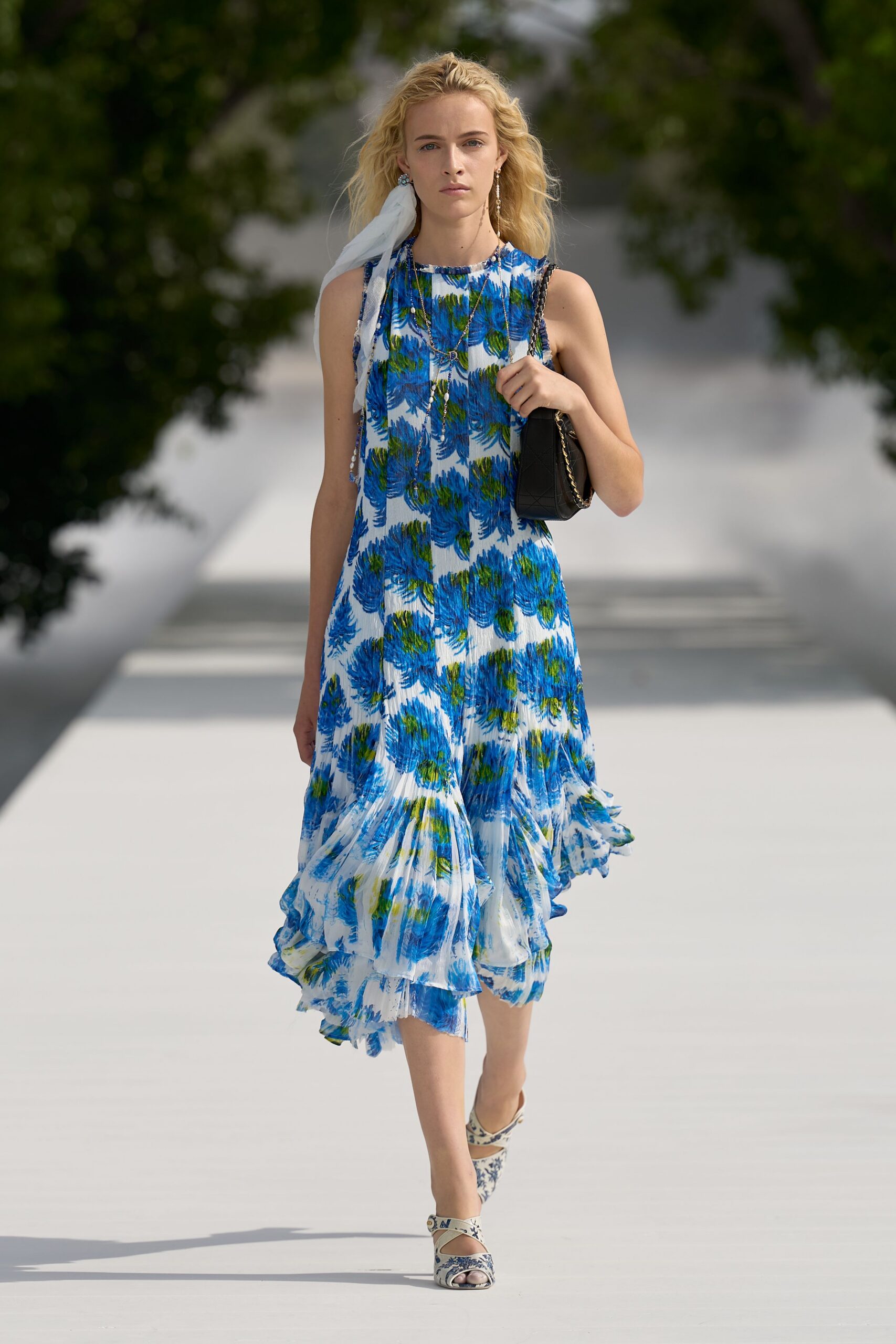 white chiffon sleeveless high-neck relaxed printed ruffled maxi-dress