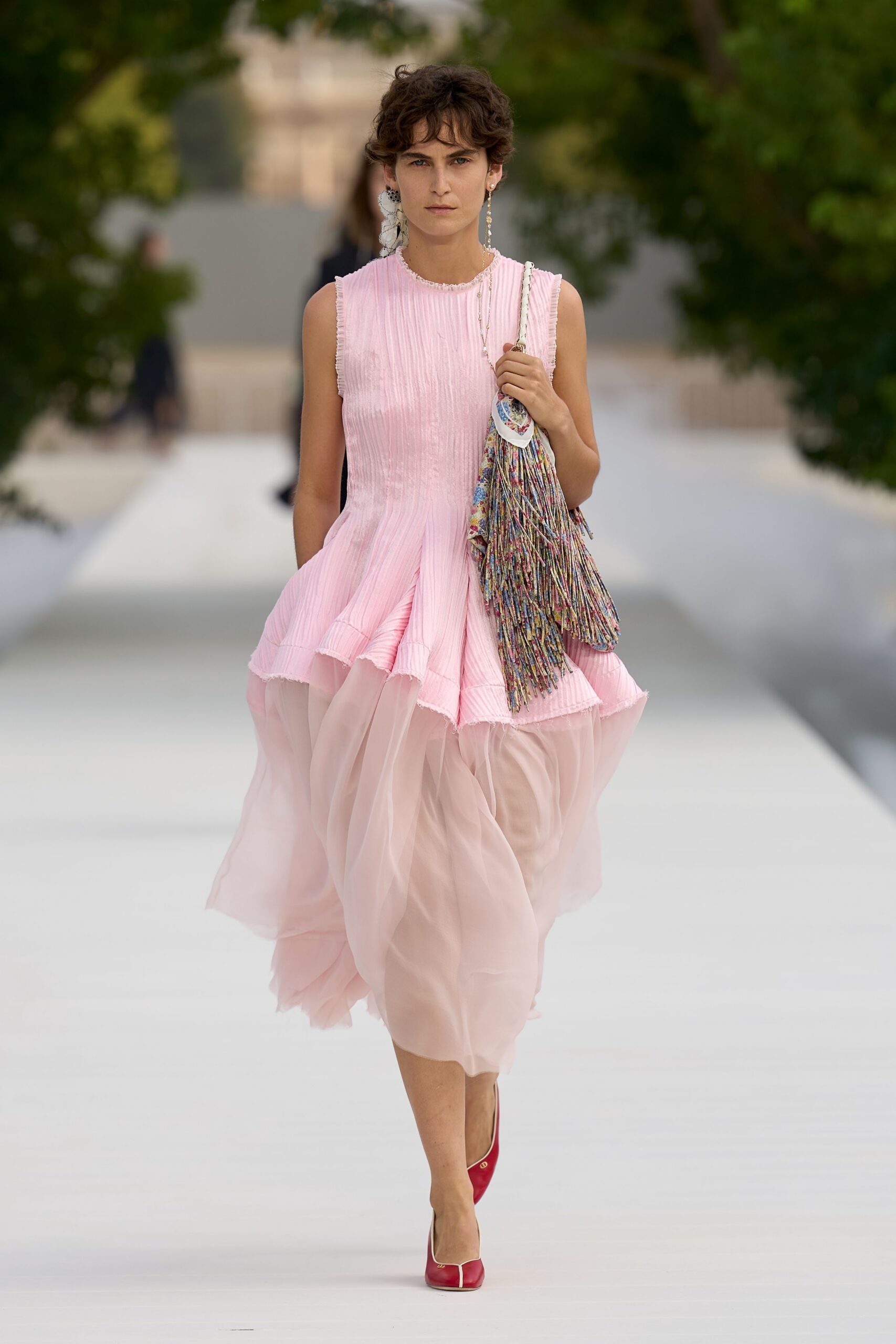 pink tulle sleeveless high-neck pleated ruffled midi-dress