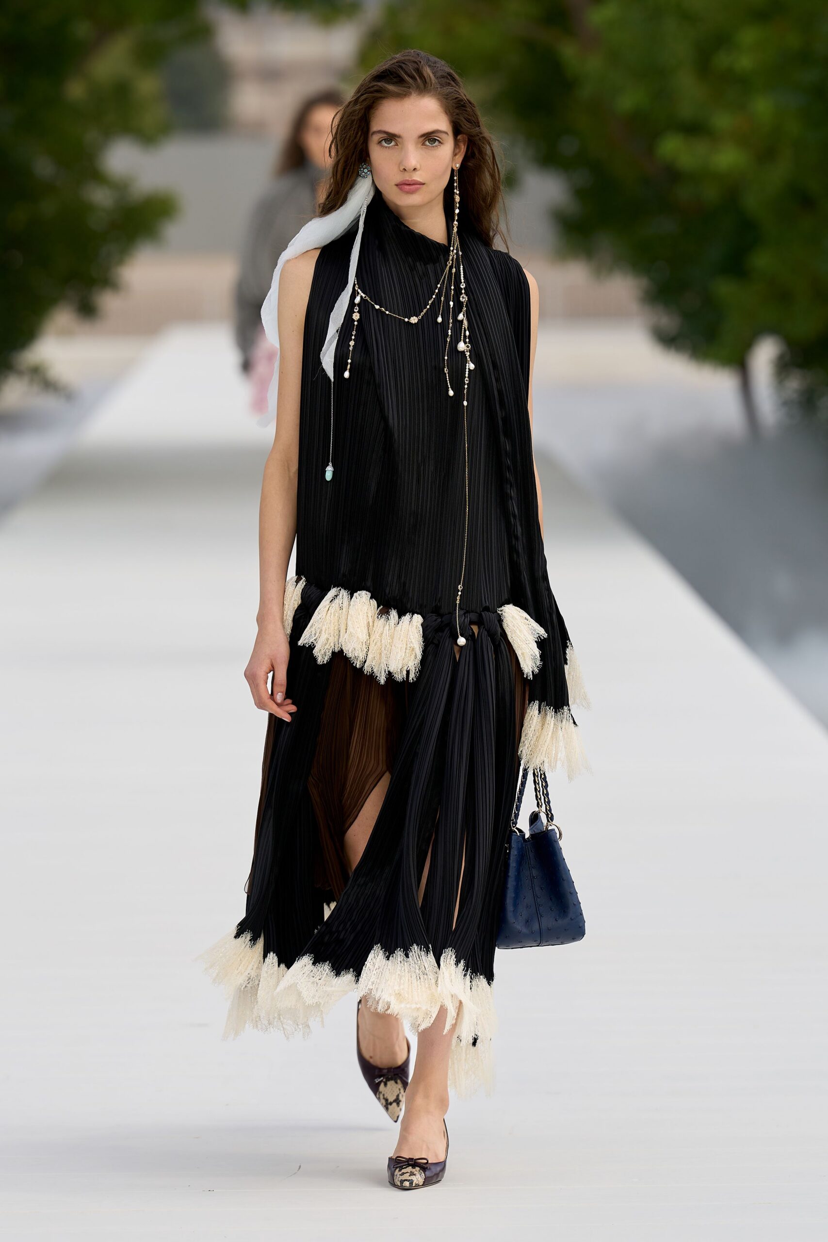 black unknown sleeveless high-neck pleated fringed maxi-dress