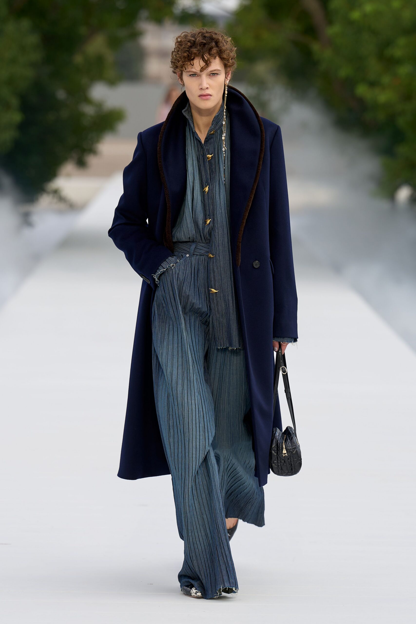 blue long-sleeve high-neck relaxed pleated wide-leg jumpsuit