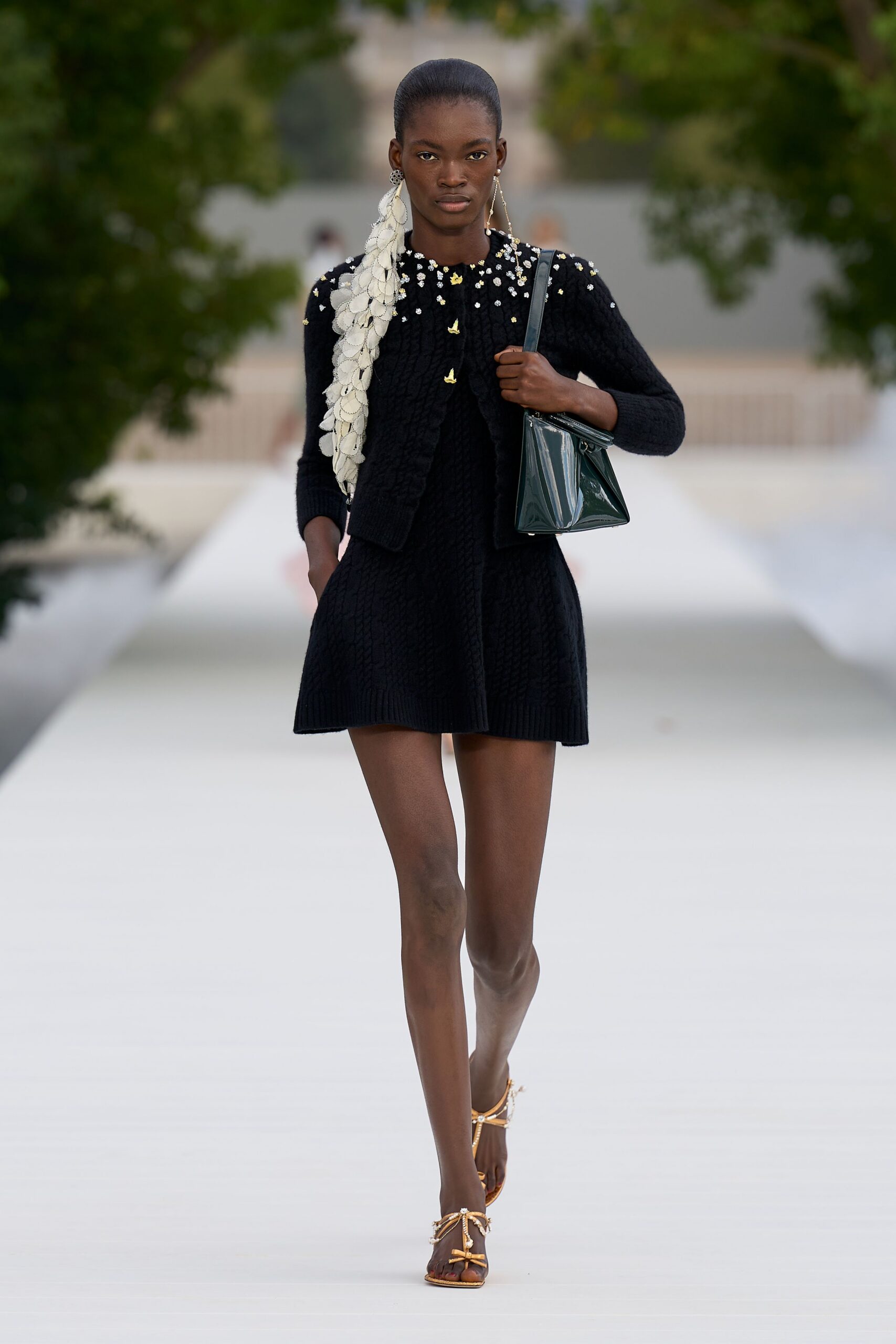 black knit long-sleeve high-neck embroidered a-line textured mini-dress