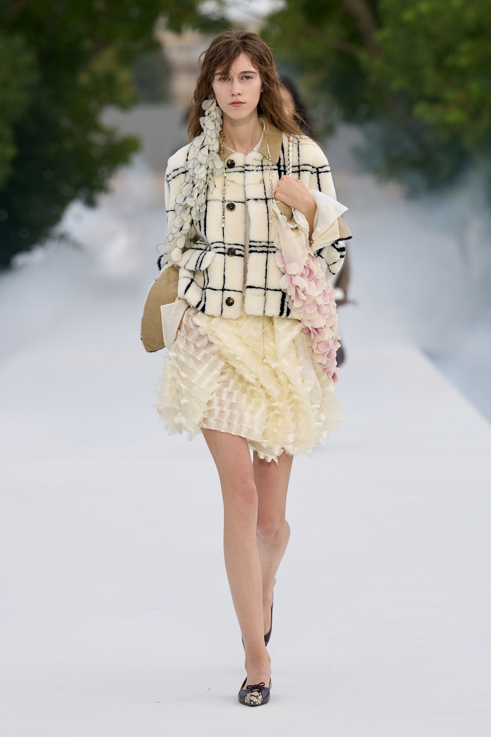 ivory organza long-sleeve ruffled layered sheer textured dress