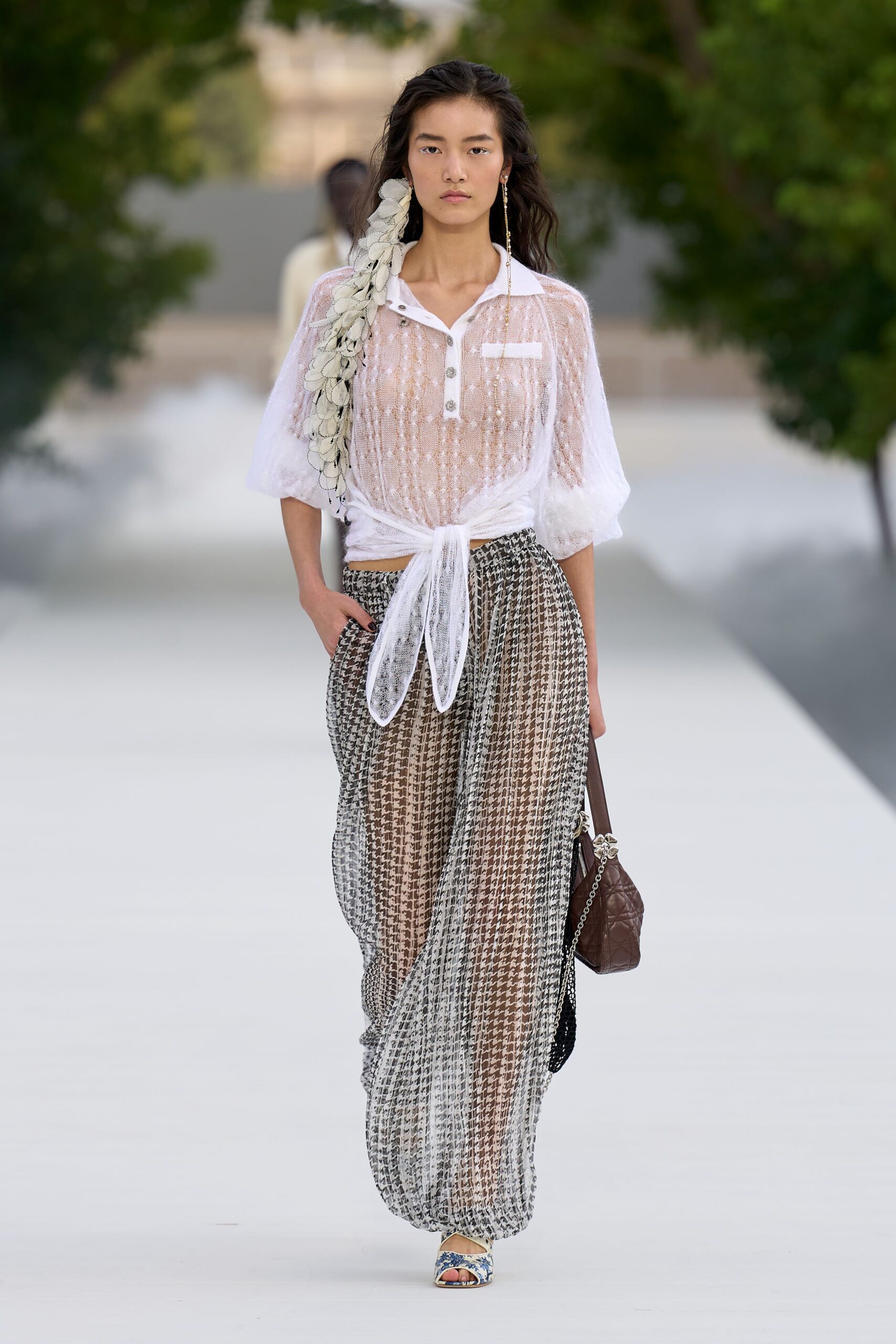 brown chiffon high-waisted printed wide-leg sheer flowing pants
