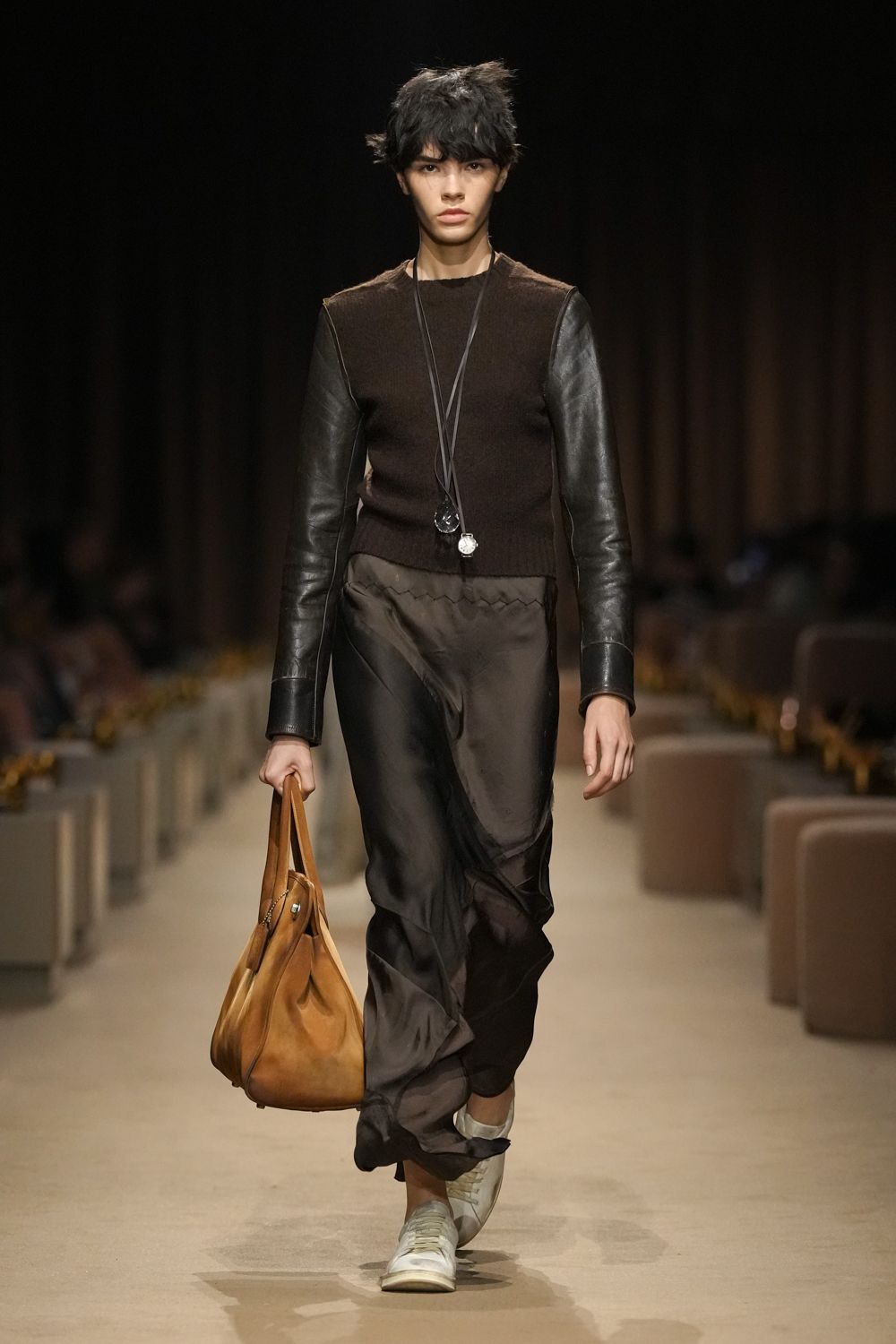 leather-sleeve cropped knit sweater