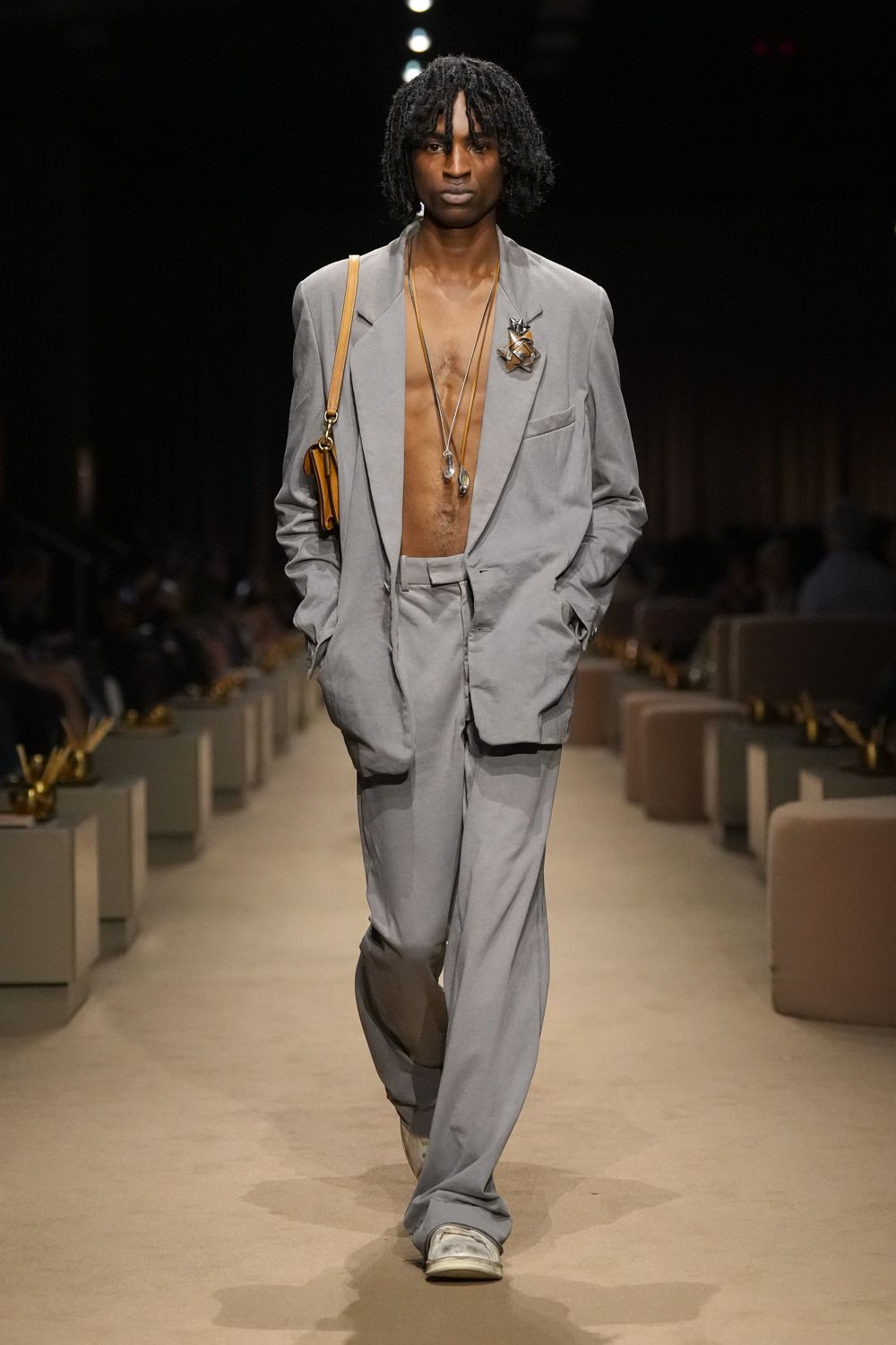 oversized gray blazer and trousers