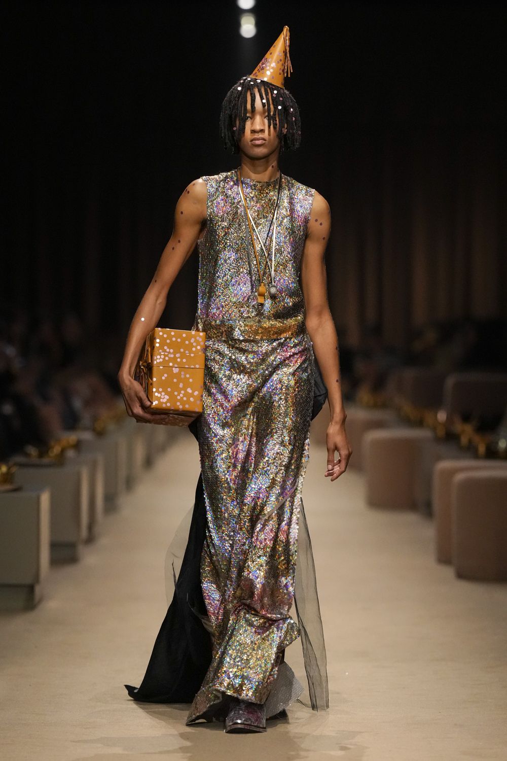 iridescent sequined sleeveless evening gown
