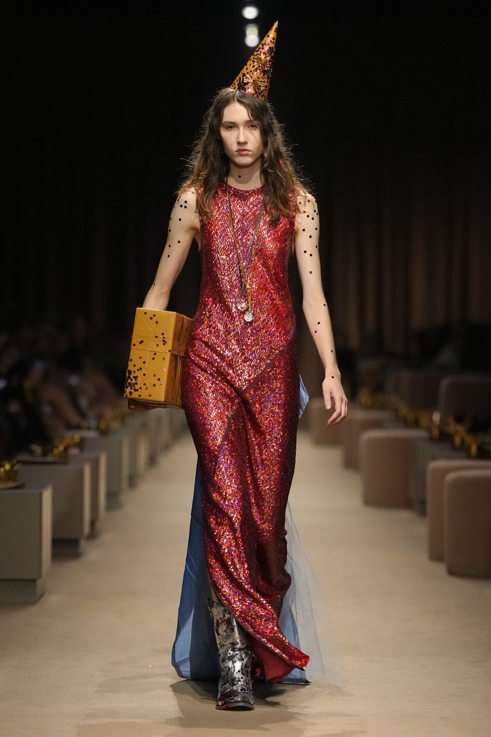 red sequined sleeveless evening gown