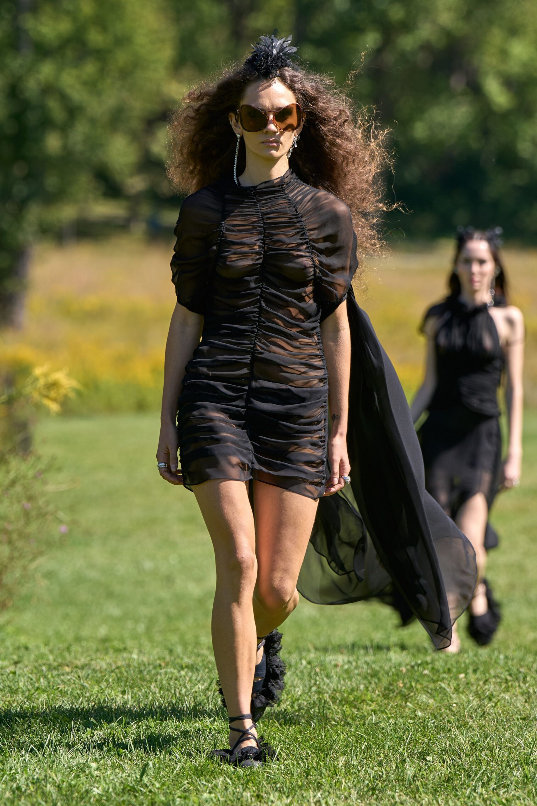 ruched sheer black mini dress