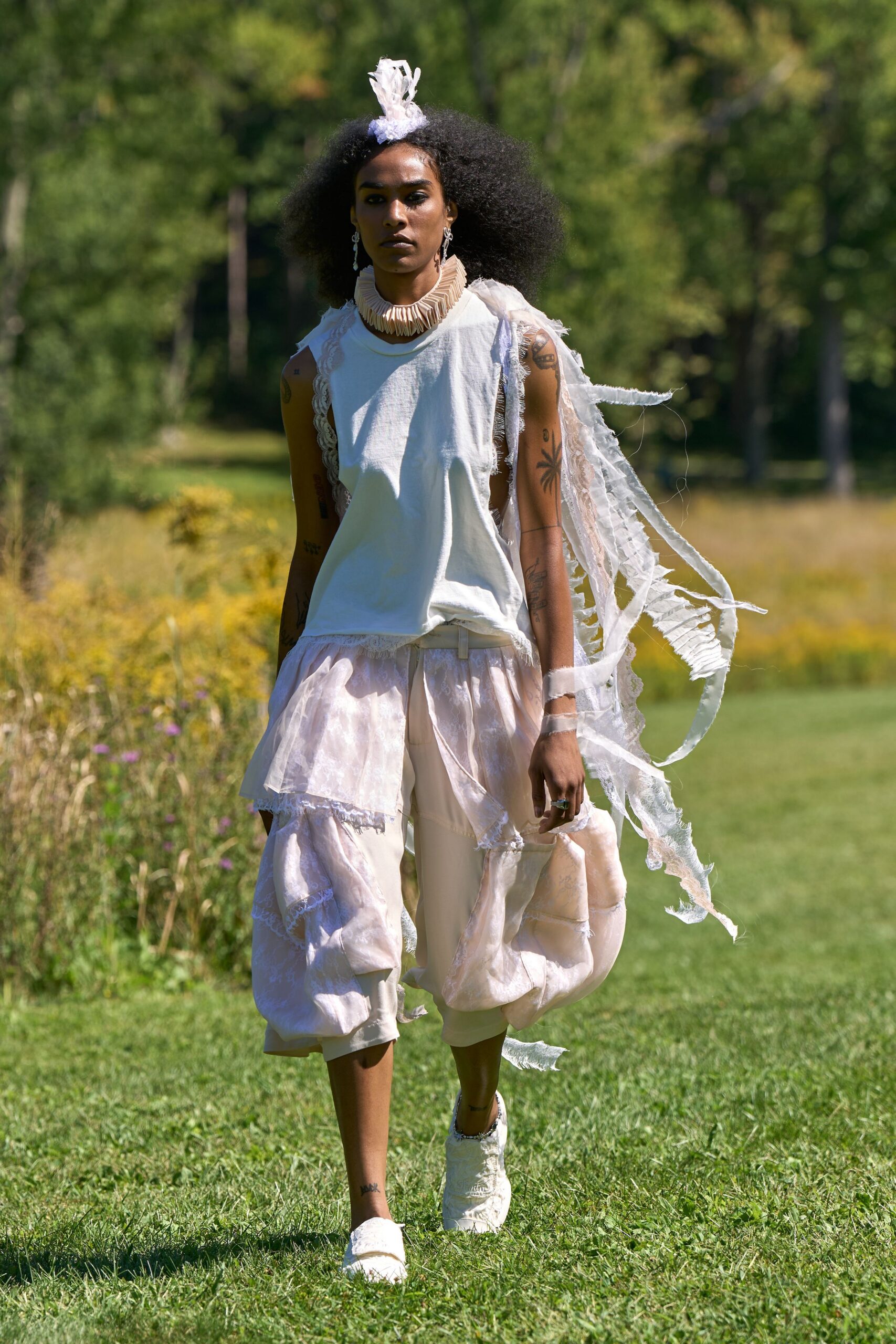 ivory lace layered ruched sheer textured cropped pants