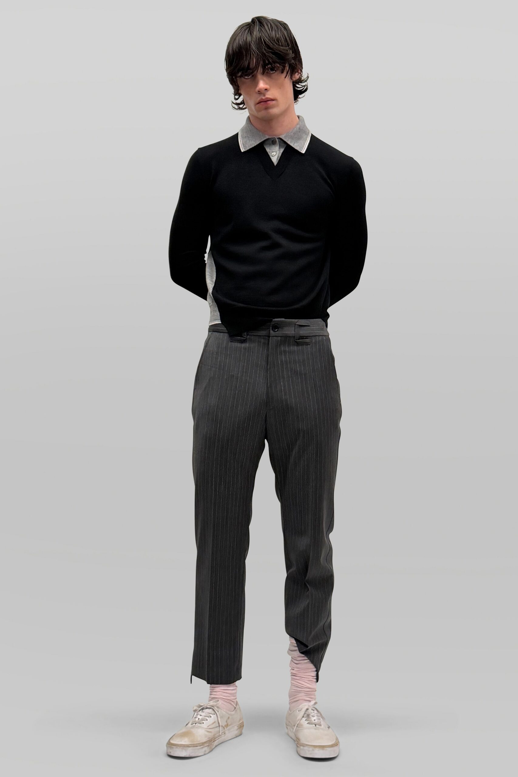 black knit long-sleeve v-neck slim sweater