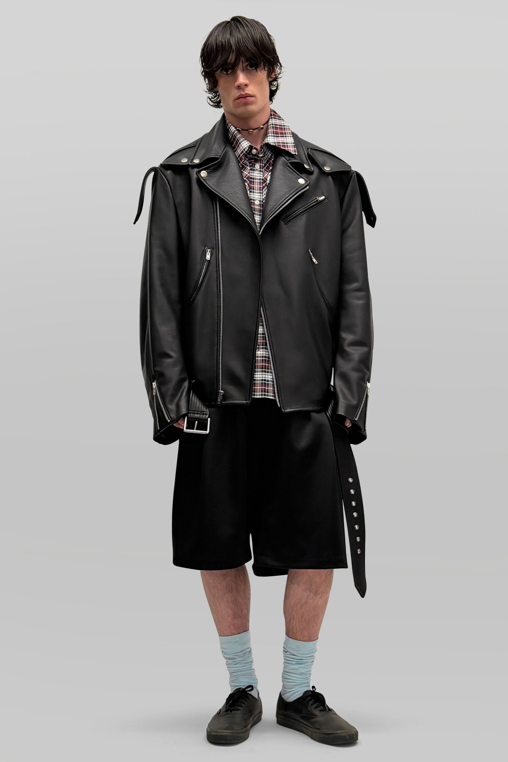 oversized black leather biker jacket