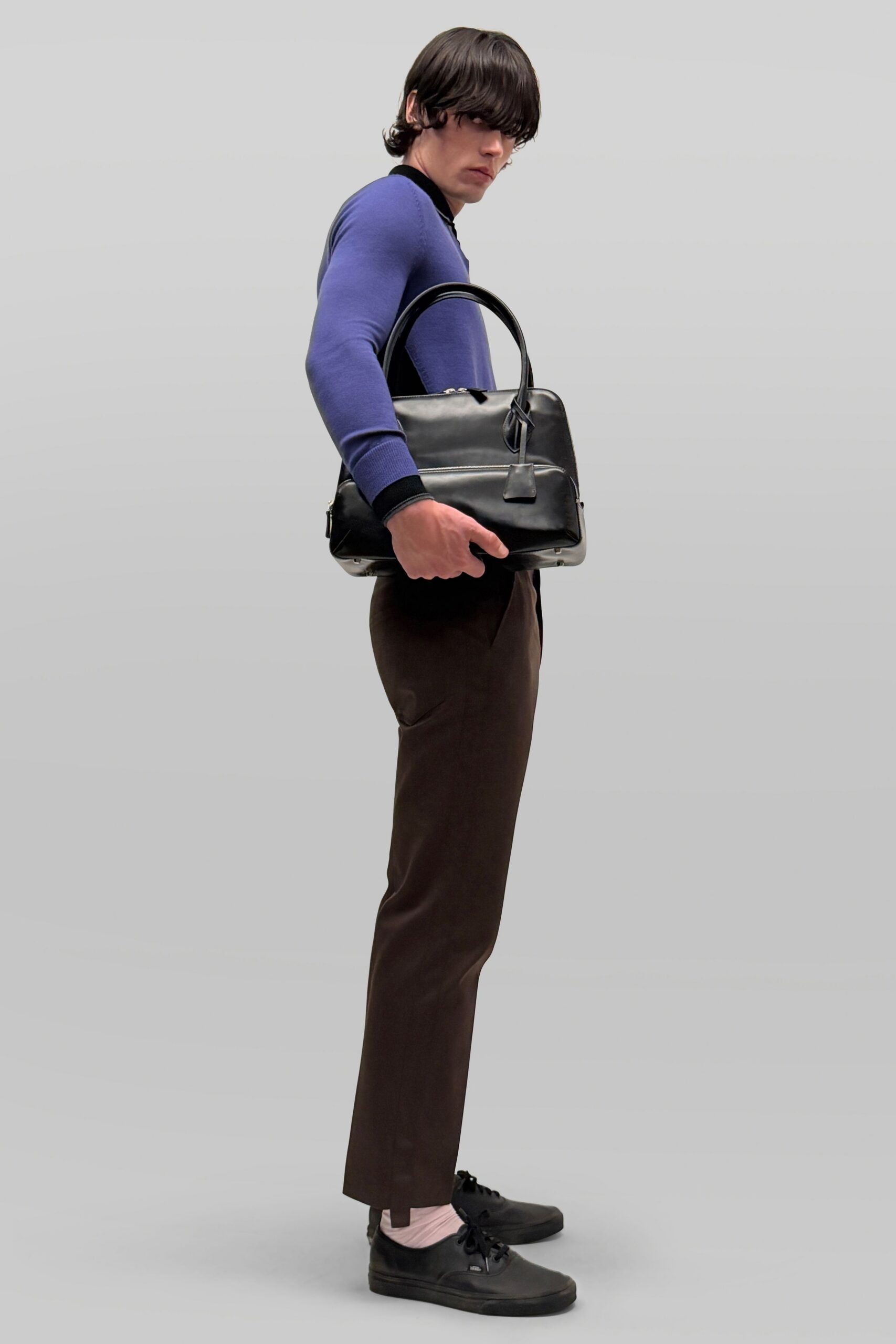 blue knit long-sleeve high-neck fitted color-blocked sweater
