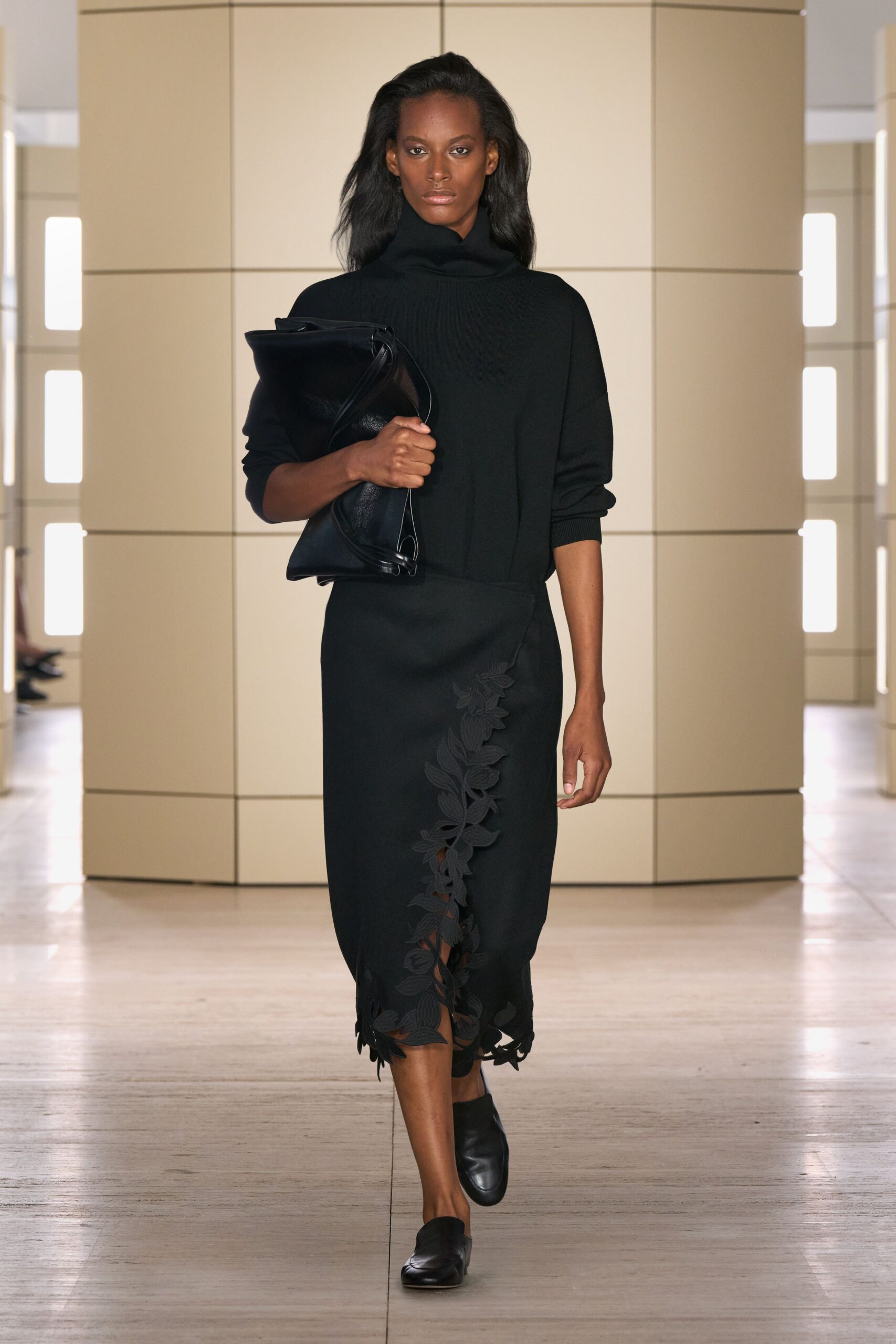 black unknown asymmetric slit fitted embroidered midi skirt