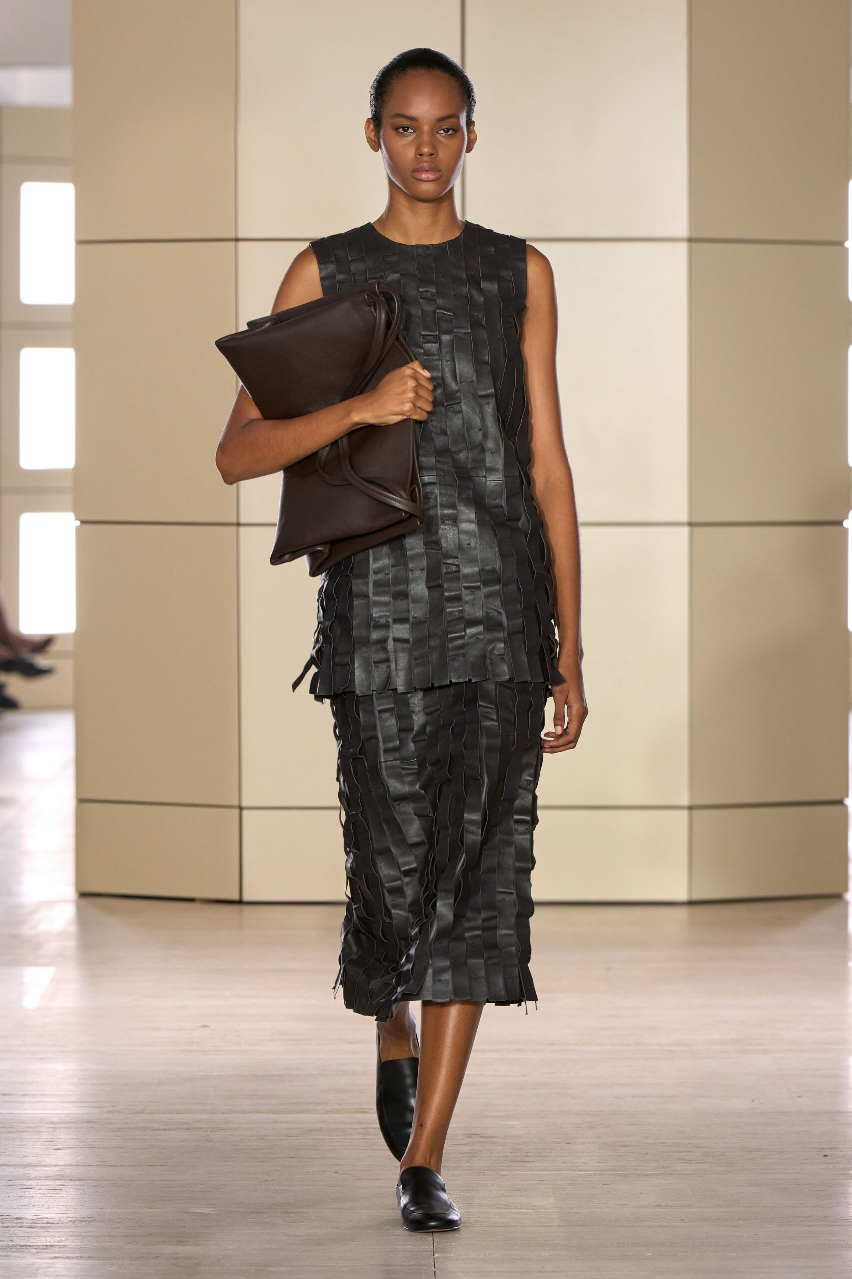 black leather slit fitted fringed layered textured skirt