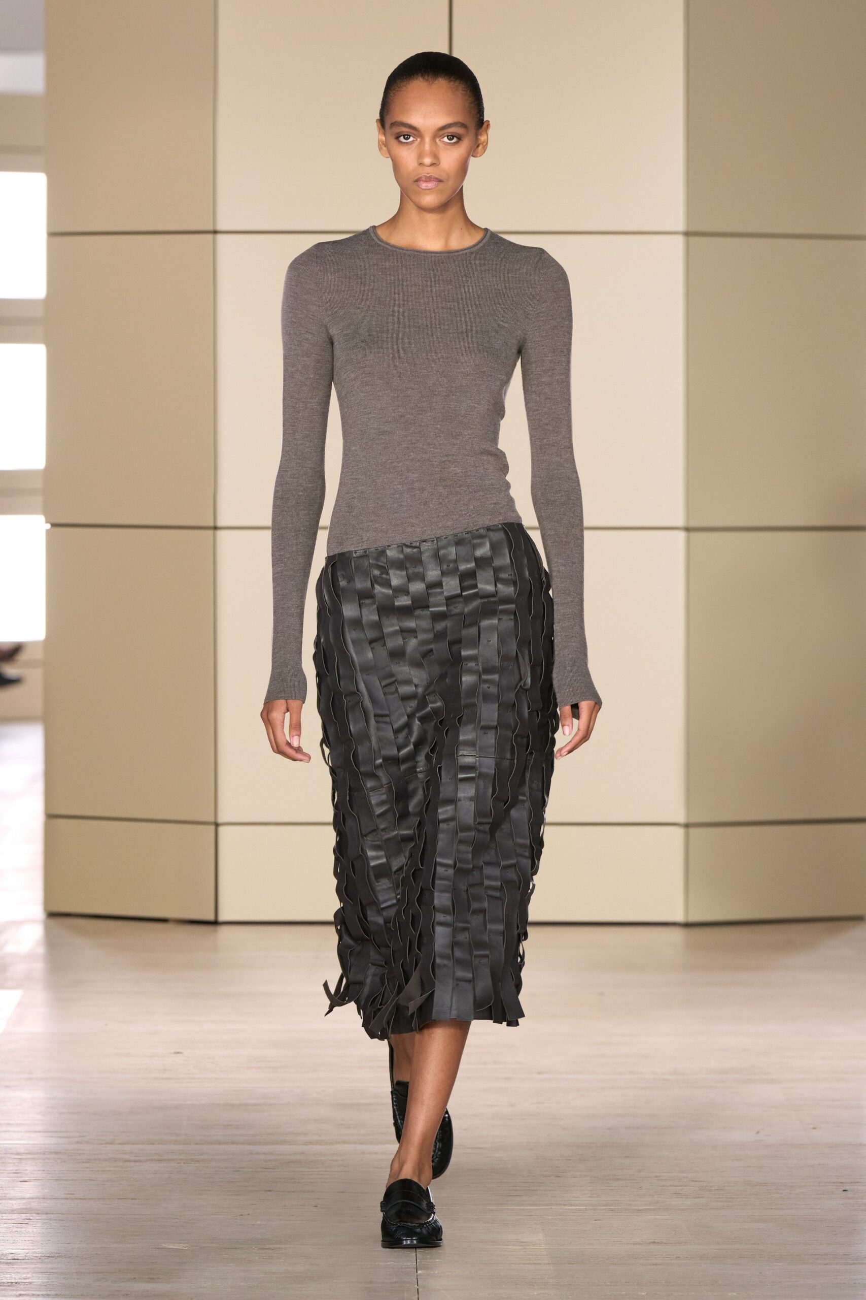 black leather fitted fringed layered textured midi skirt