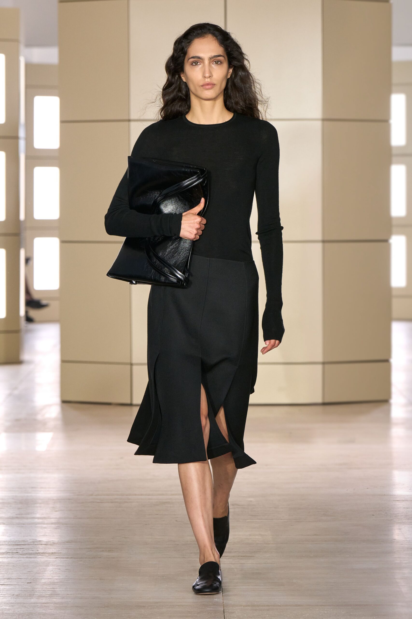 black unknown slit fitted panelled midi skirt