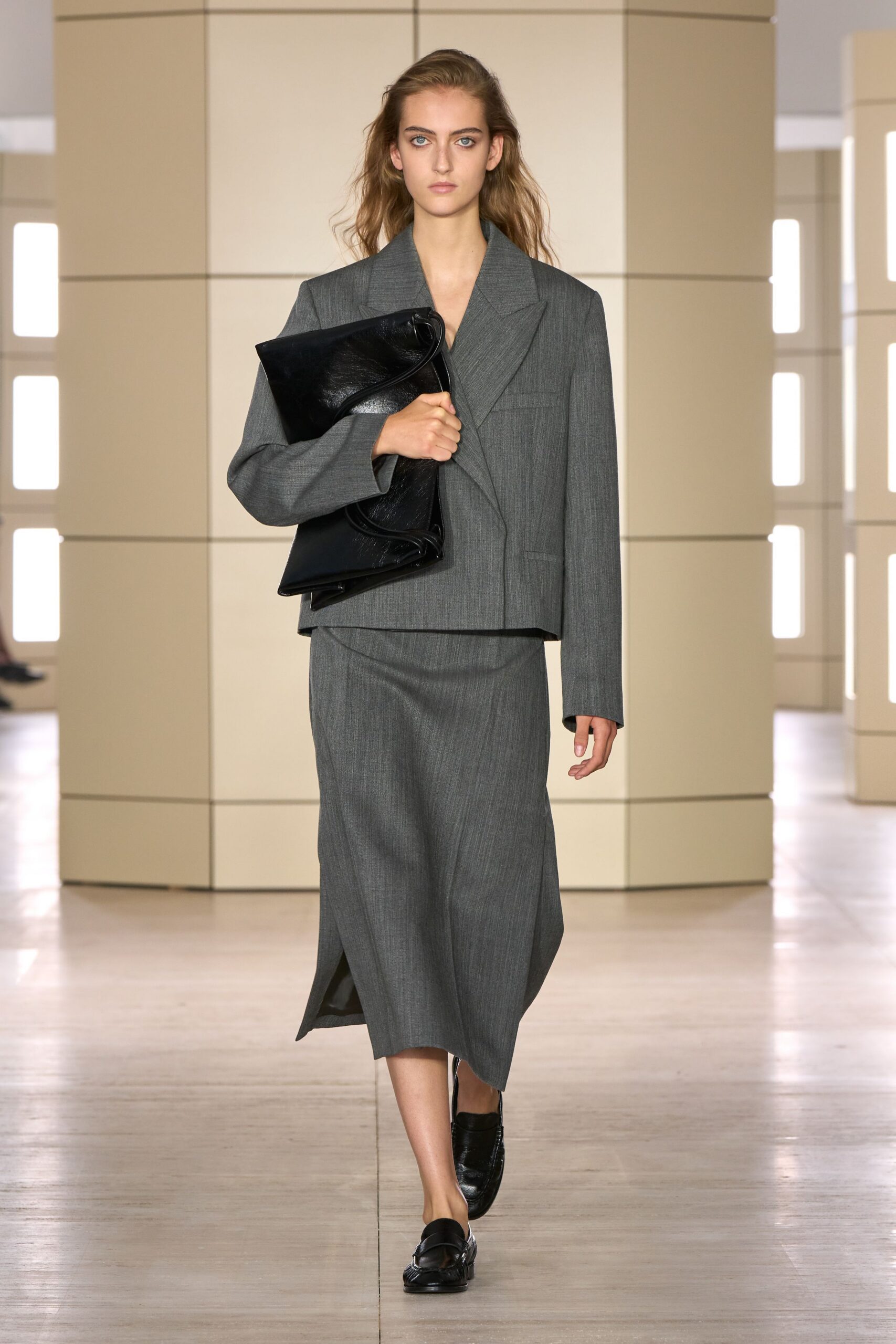 gray unknown asymmetric slit midi skirt