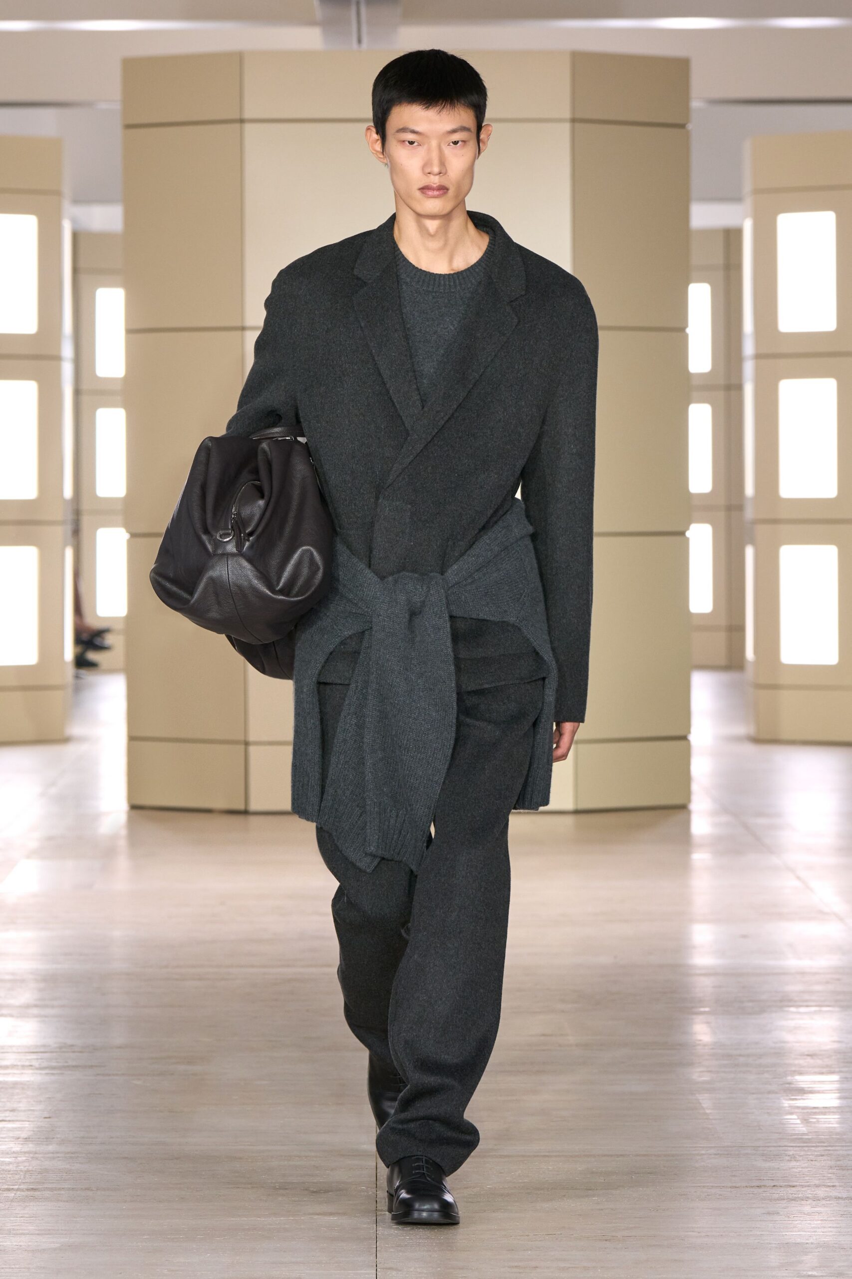 charcoal belted blazer with knit sash