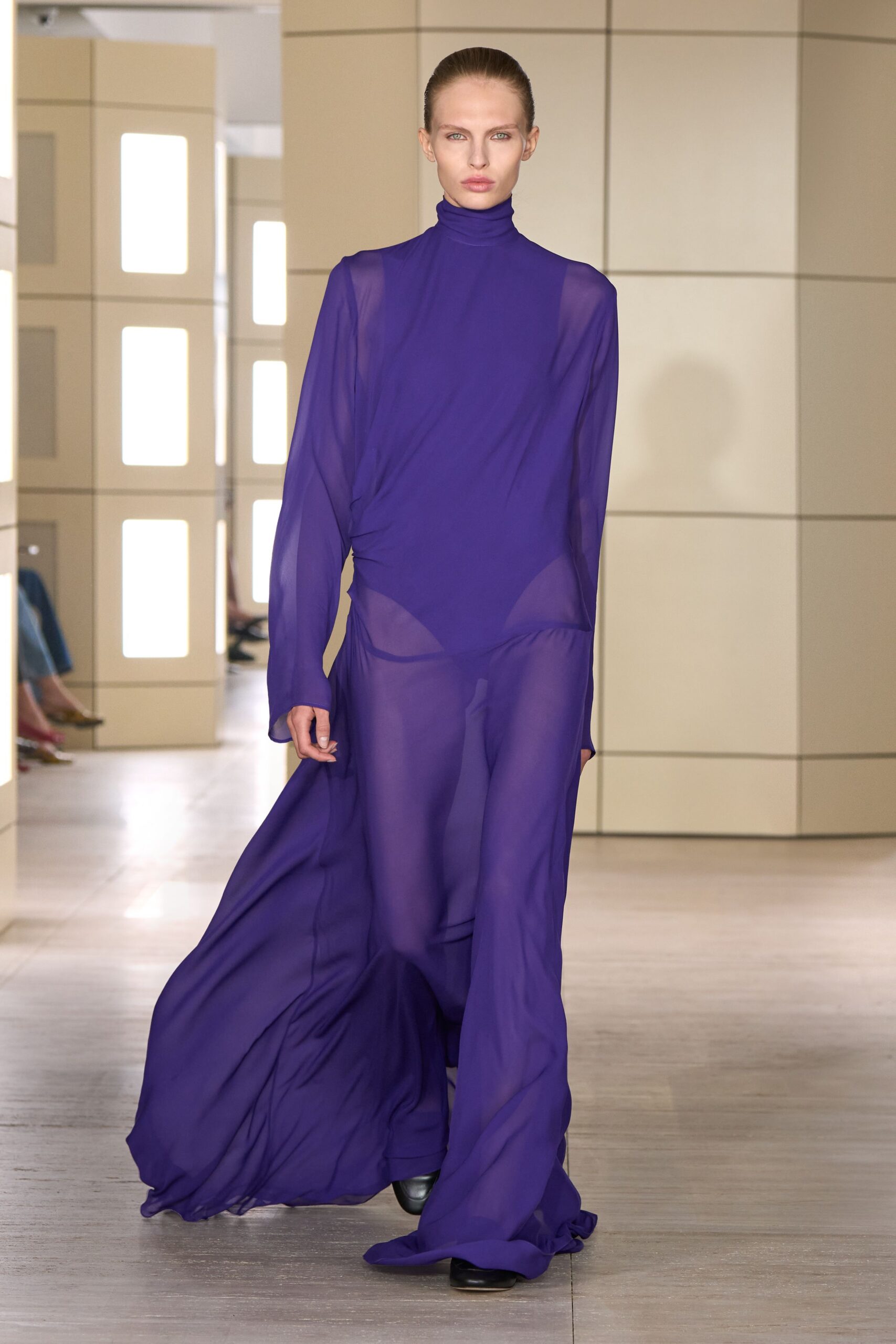 sheer purple turtleneck evening gown