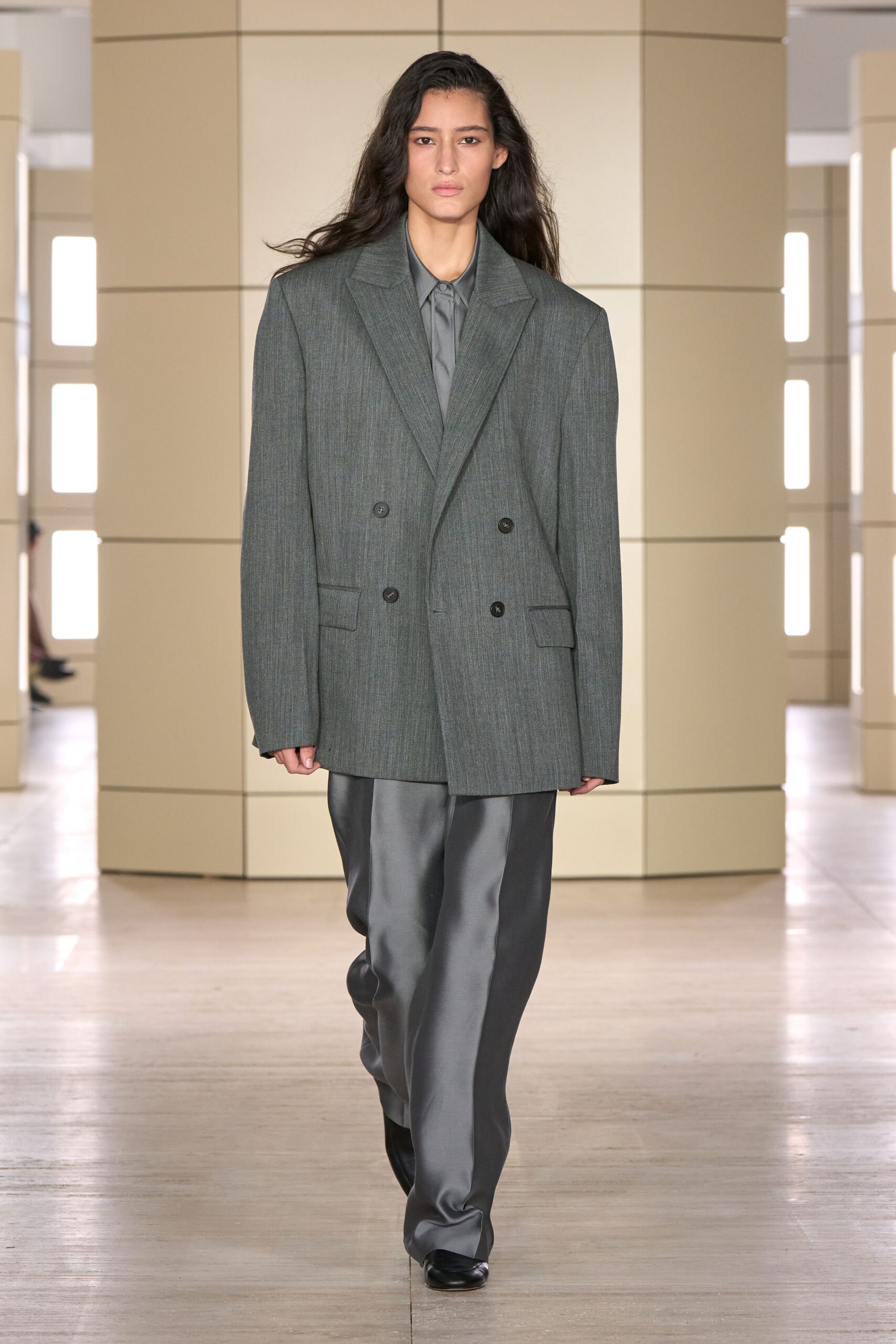 oversized double-breasted gray blazer