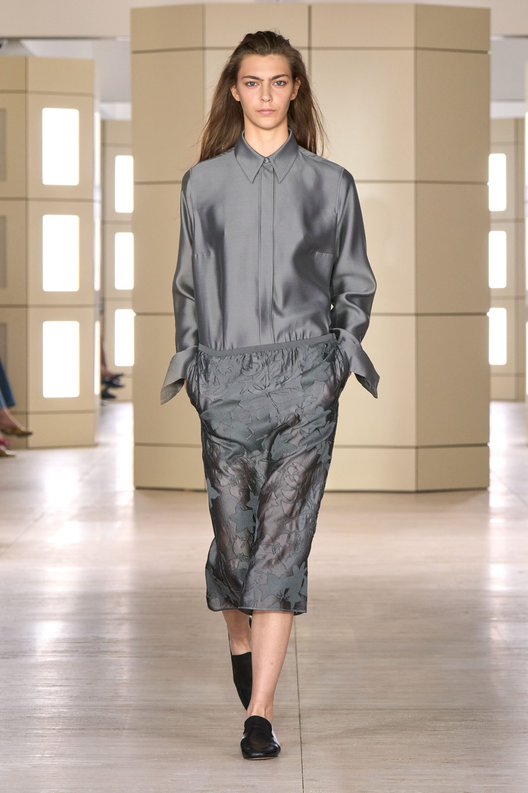 gray organza floral sheer textured midi skirt