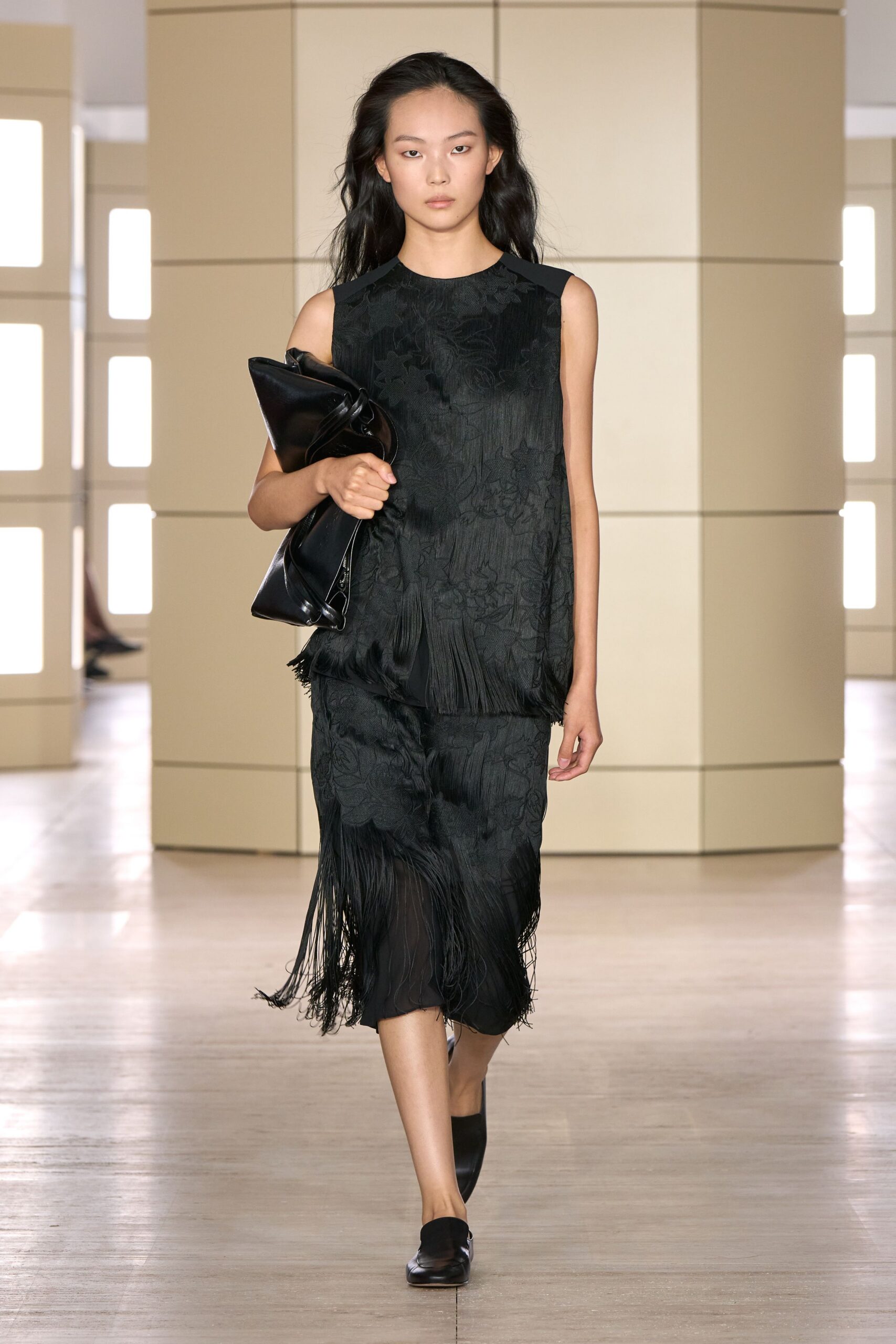 black jacquard floral fringed textured midi skirt