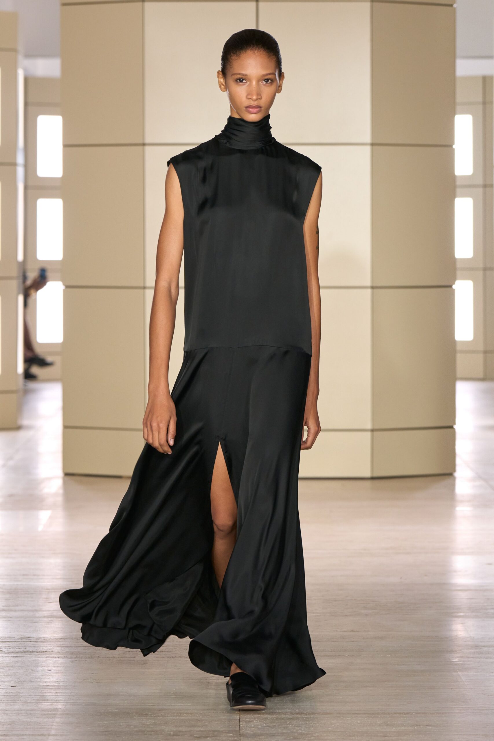 black high-neck satin evening gown