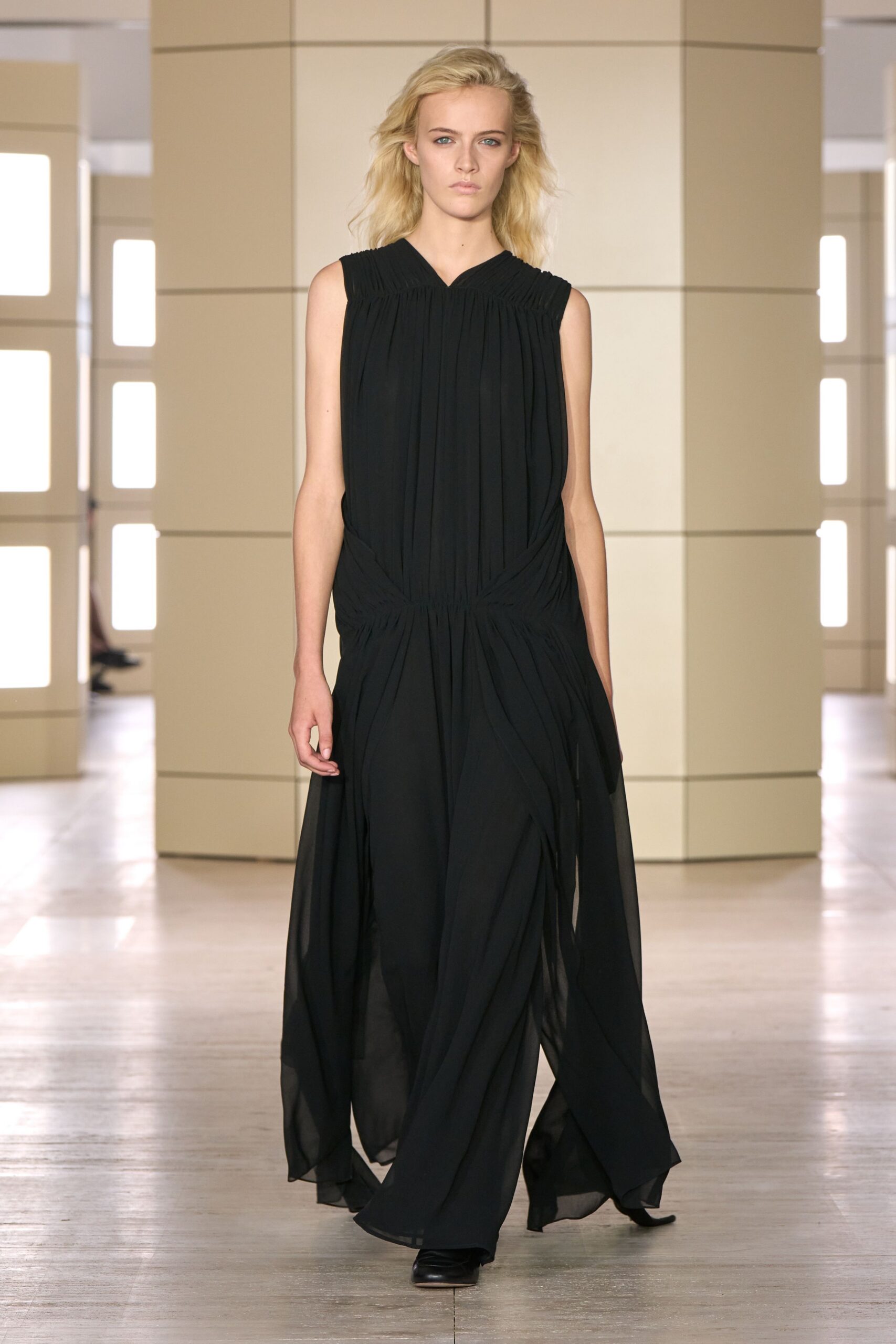 black pleated chiffon evening gown