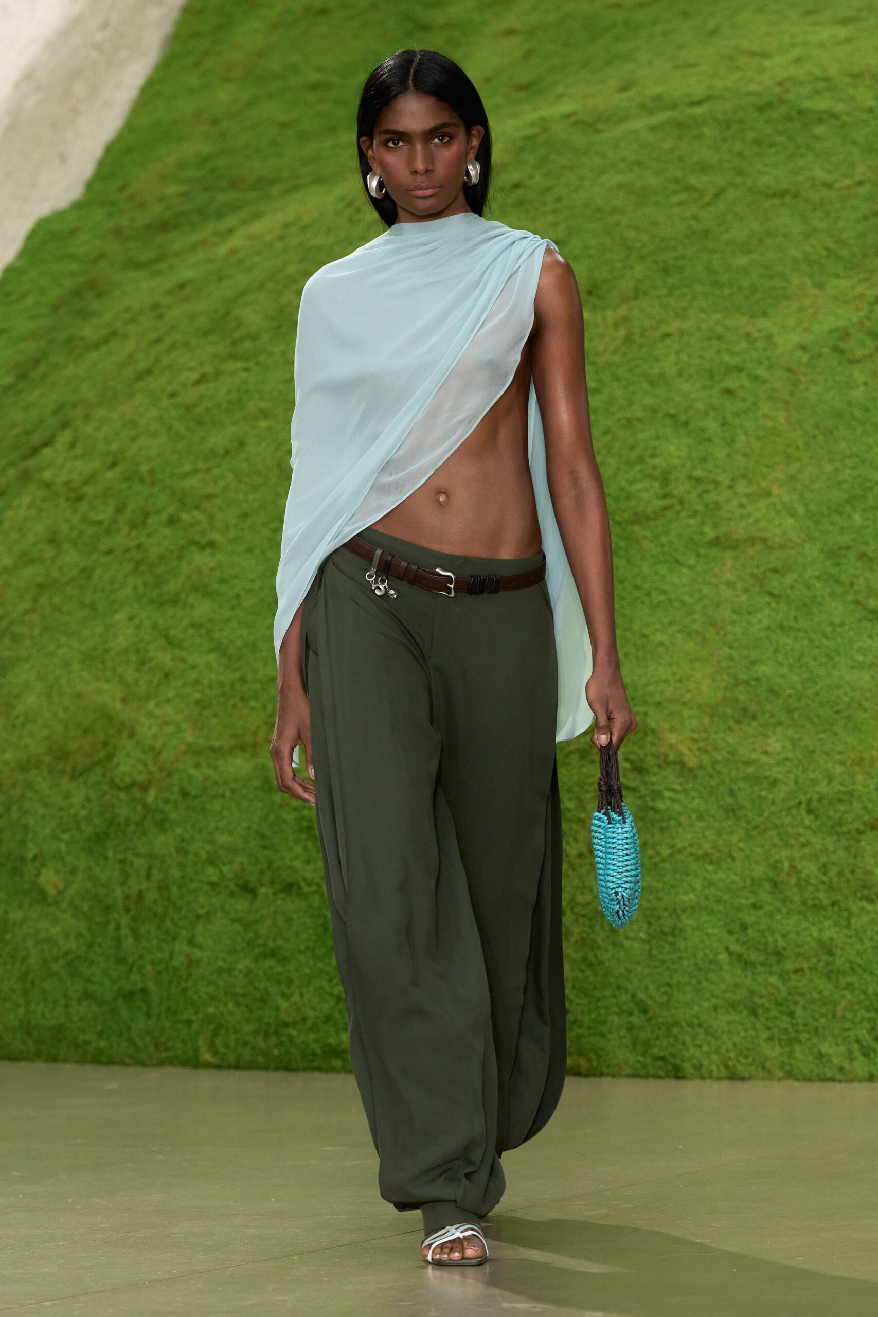 sheer one-shoulder draped chiffon top