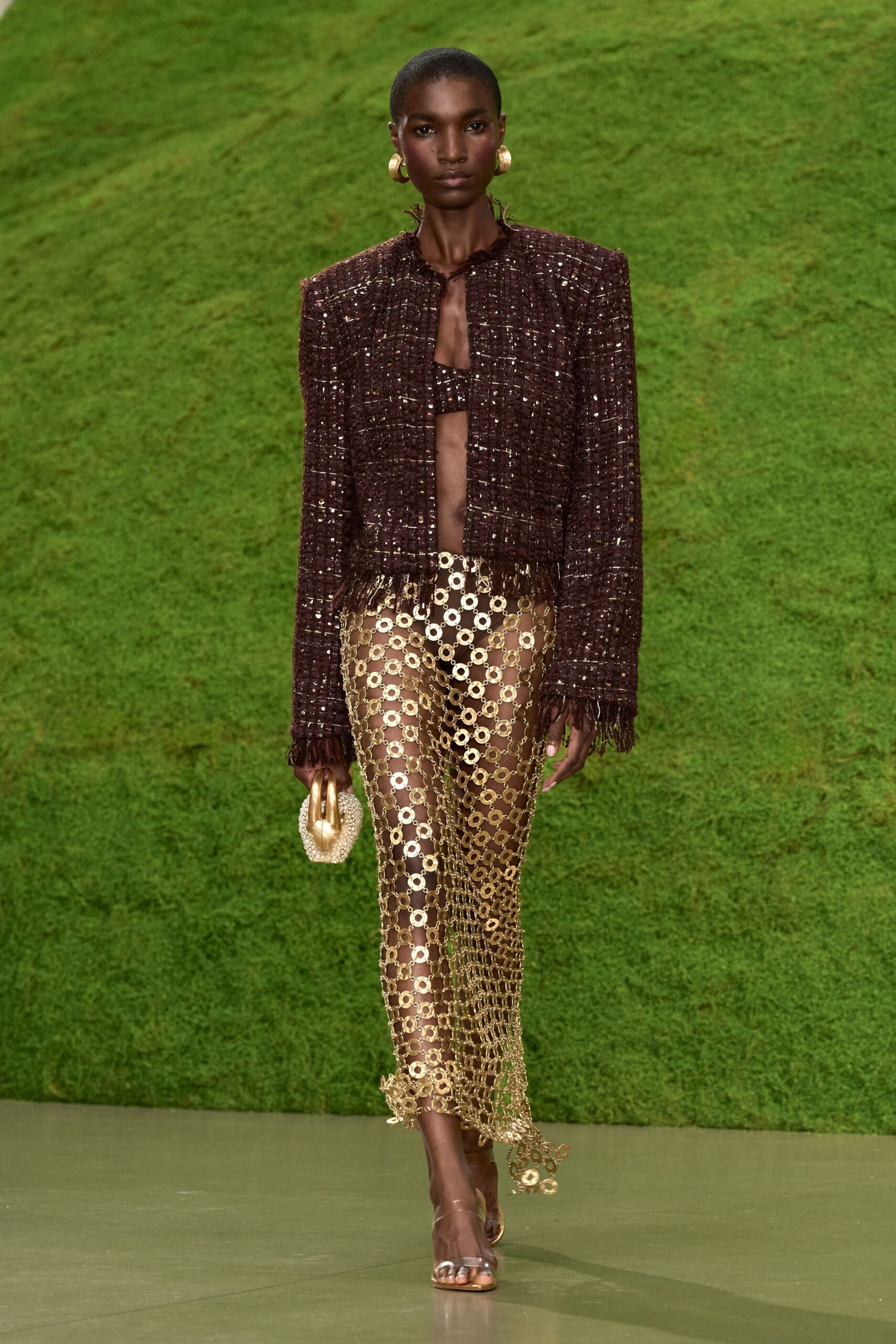 gold disc chainmail maxi skirt