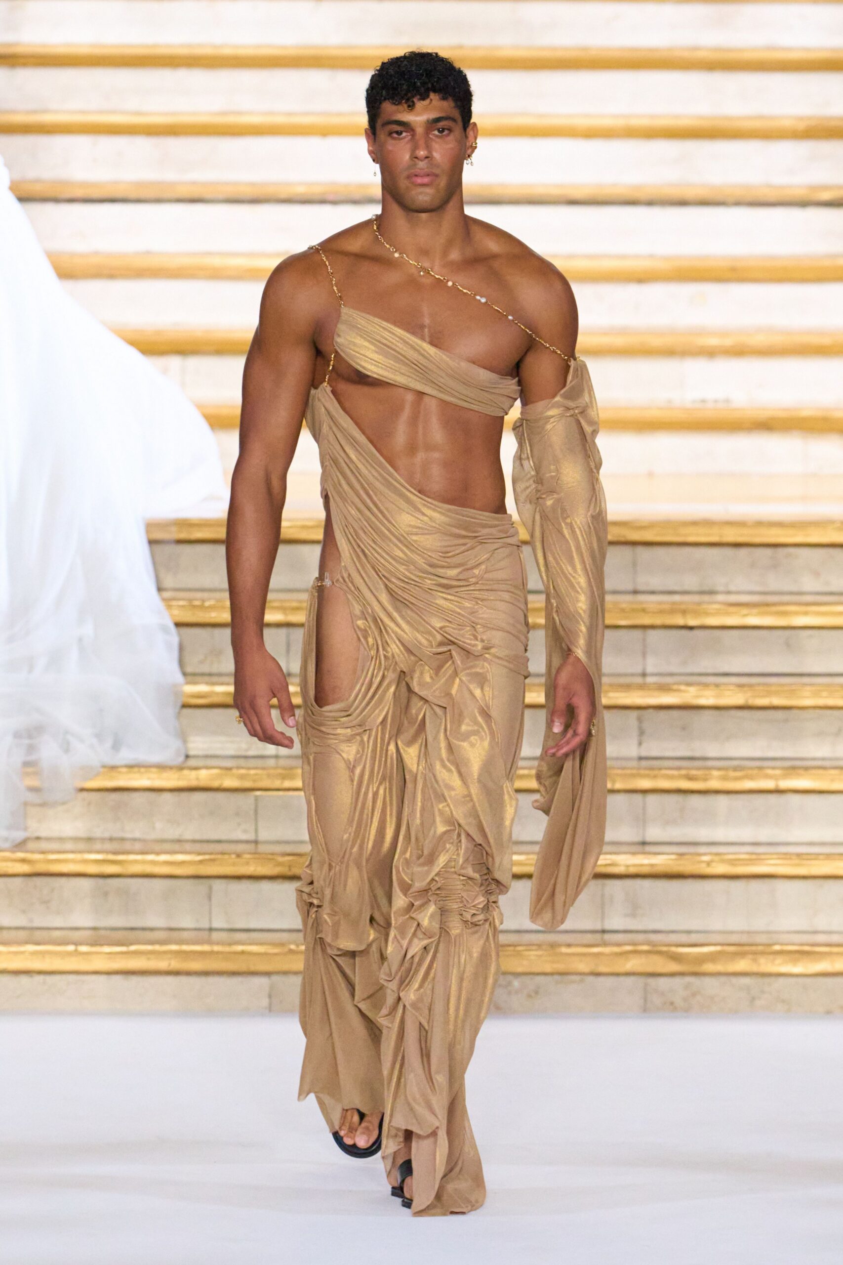 asymmetric draped cutout evening gown