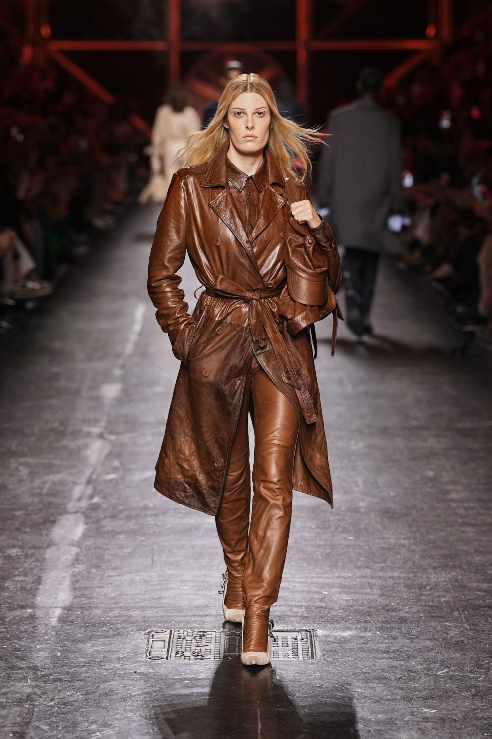 brown leather belted trench coat