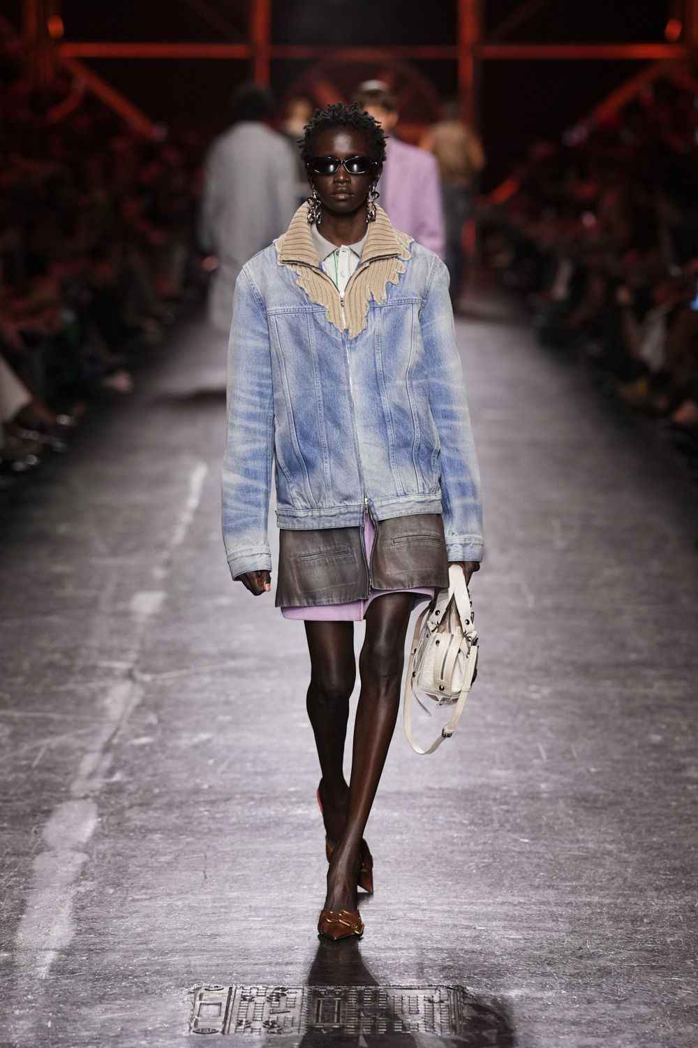 cropped denim jacket with ribbed knit collar