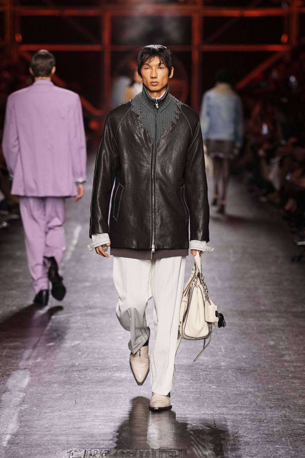 mixed-media leather zip-front jacket