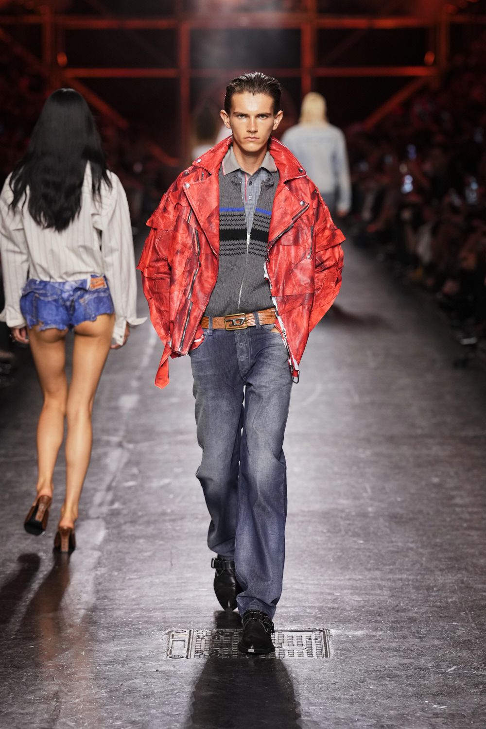 red oversized leather biker jacket