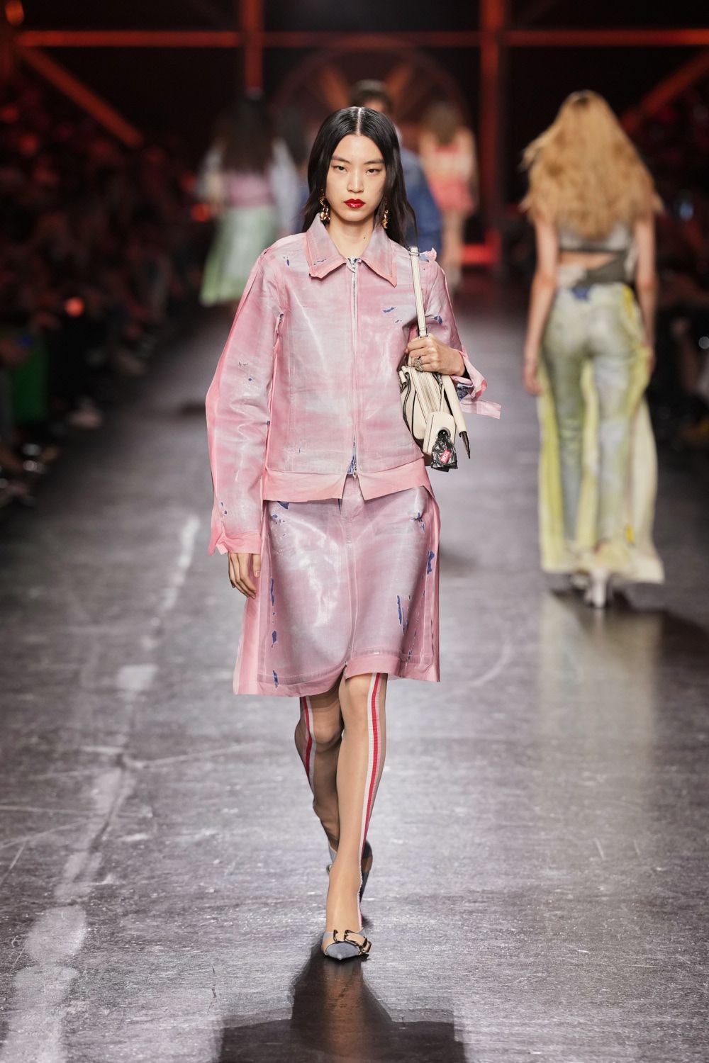 pink organza printed sheer shiny midi skirt