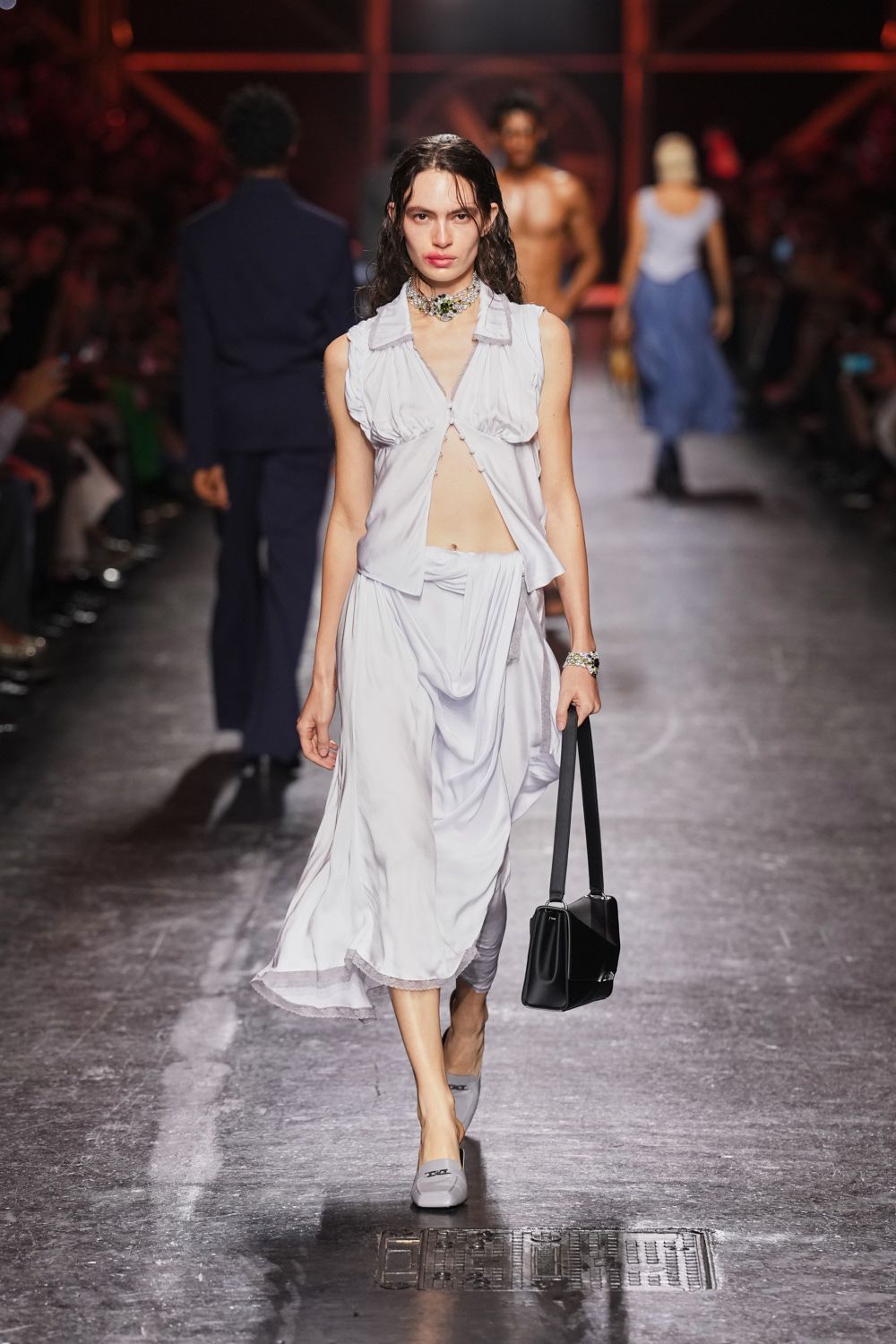 pale blue draped open-front blouse