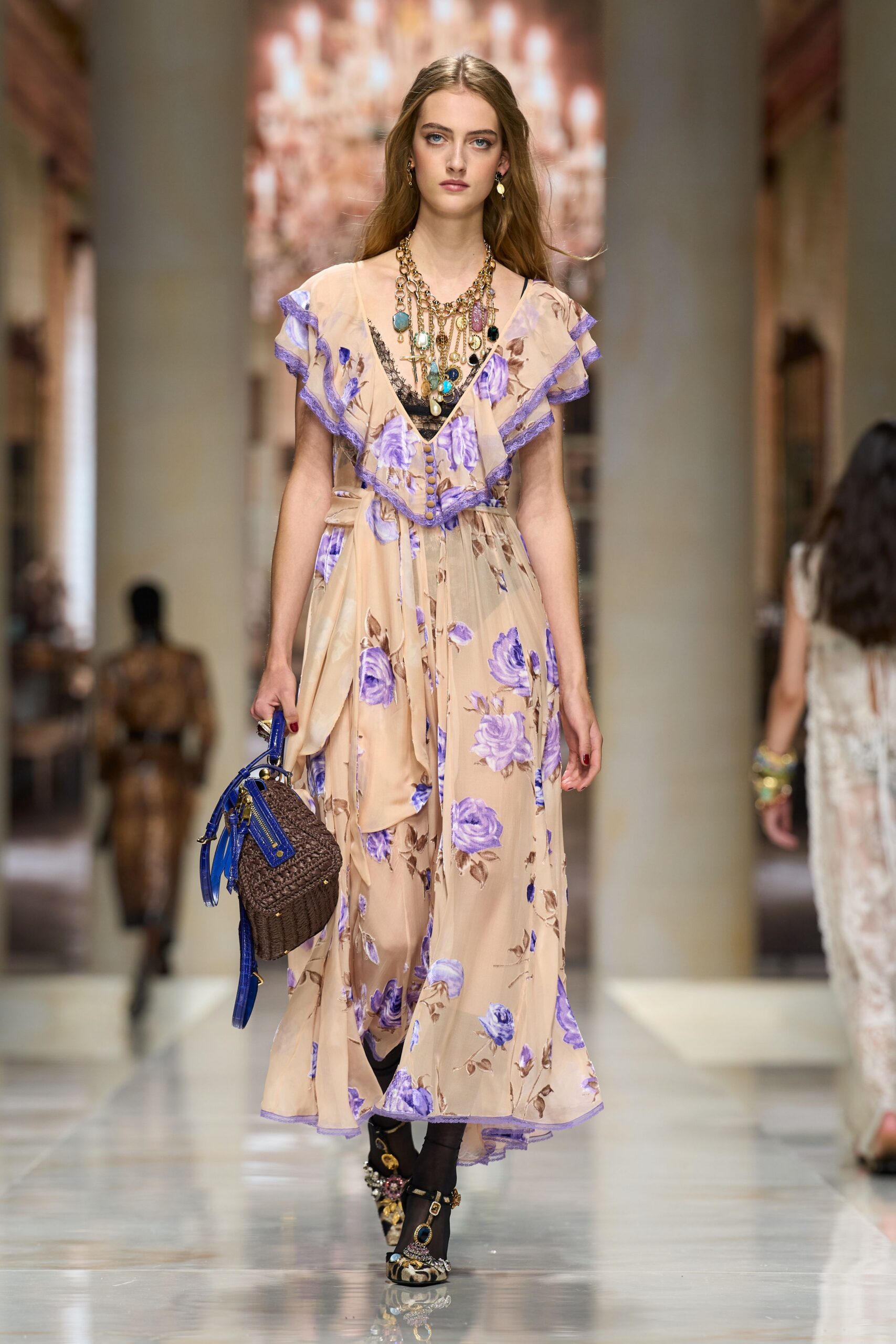 ruffled floral chiffon maxi dress