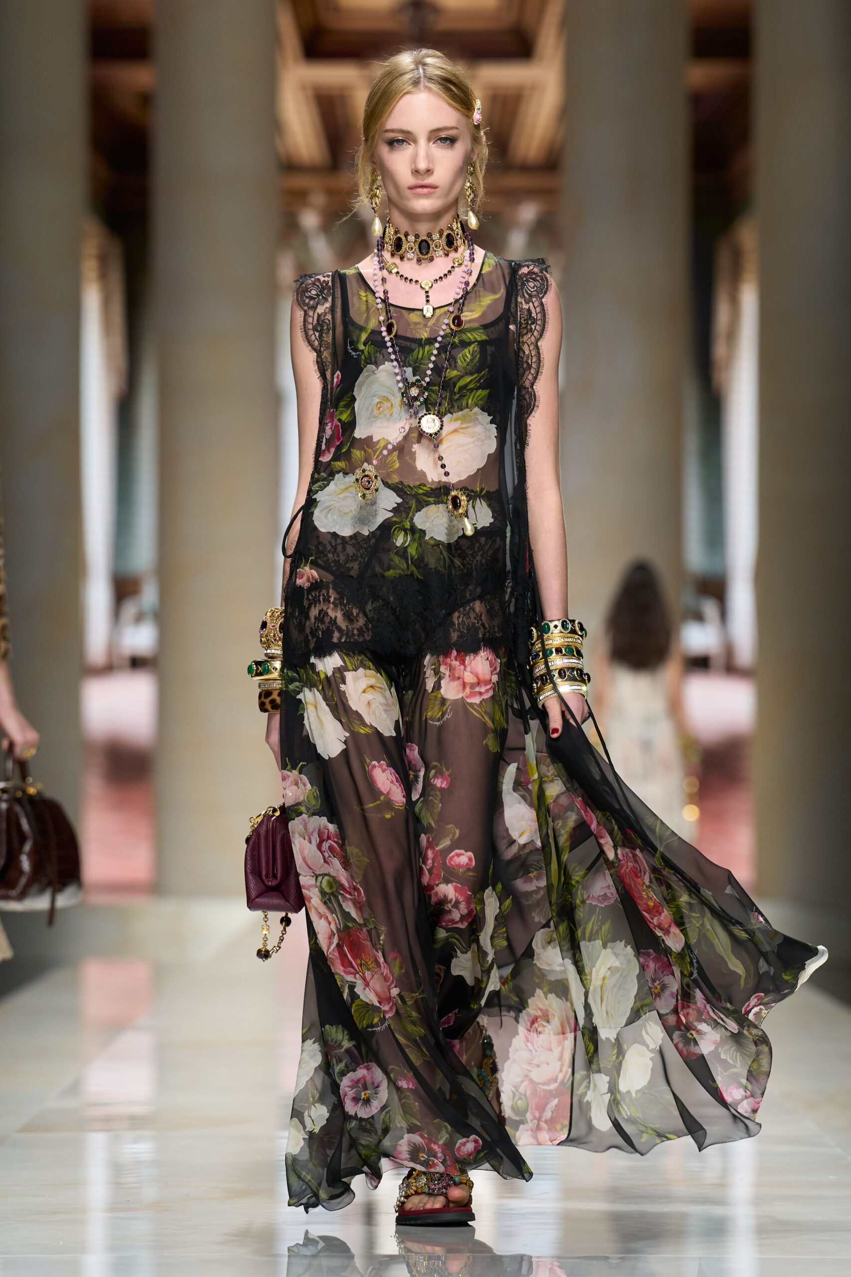sheer floral lace-trim chiffon gown